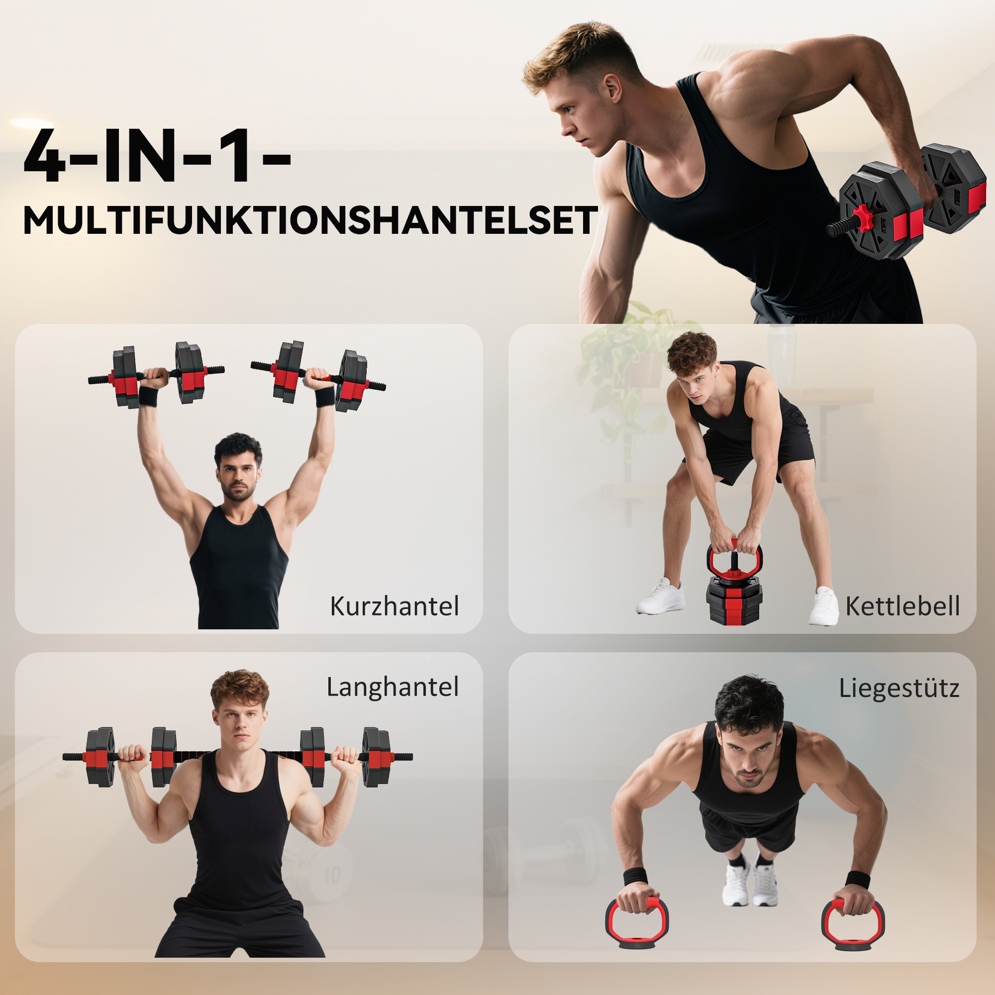 4-in-1 Hantelset Kurzhantel Set Kurzhanteln Langhanteln verstellbar 15 KG für Krafttraining Zuhause