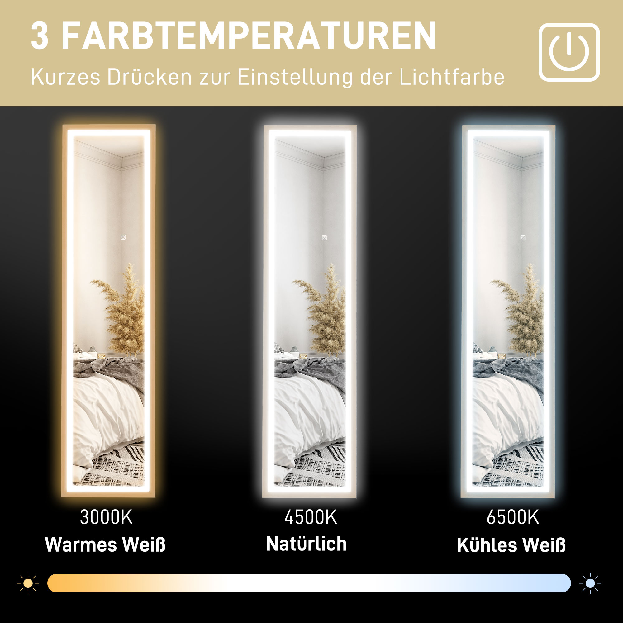 LED Ganzkörperspiegel, 40 x 160 cm, Touch-Steuerung, dimmbar, 3 Farben,  Eiche