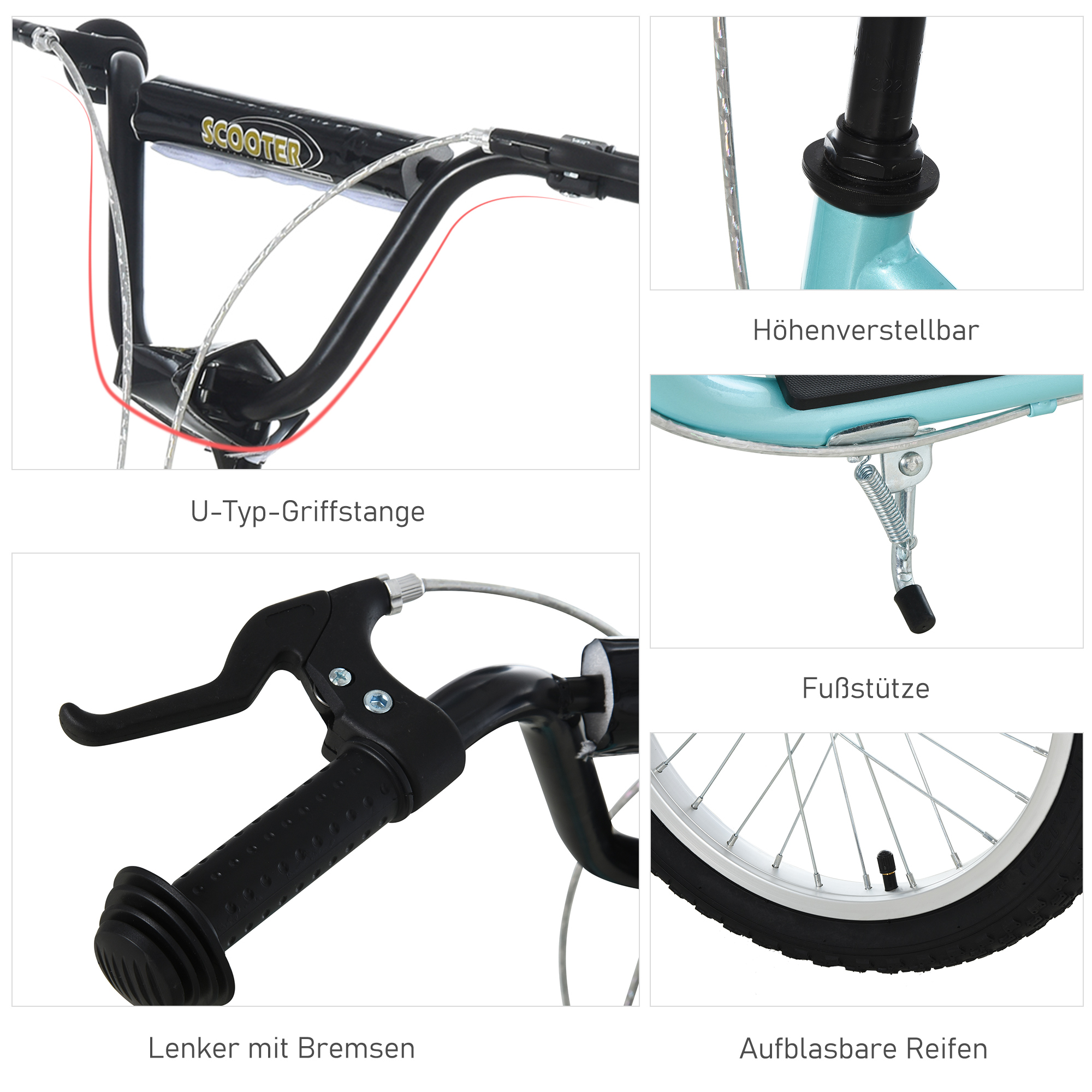 Kinderroller ab 5 jahre Scooter Tretroller Cityroller Kinder Roller Kickboard mit Luftreifen16/12 Zoll Blau 135 x 58 x 88-94 cm