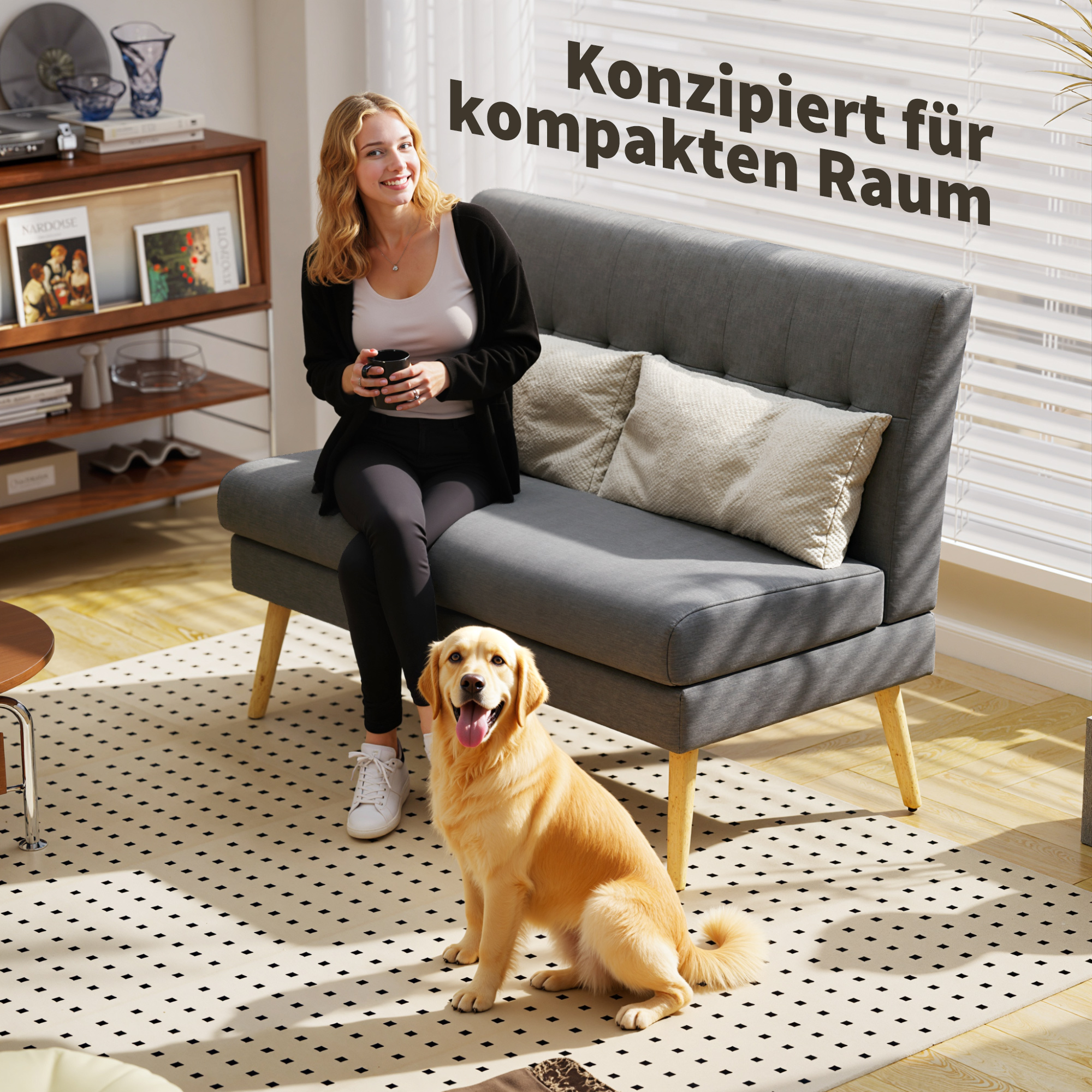 2-Sitzer-Sofa, getuftete Rückenlehne, Holzbeine, dicke Polsterung, Leinenoptik, für kleine Räume, Grau