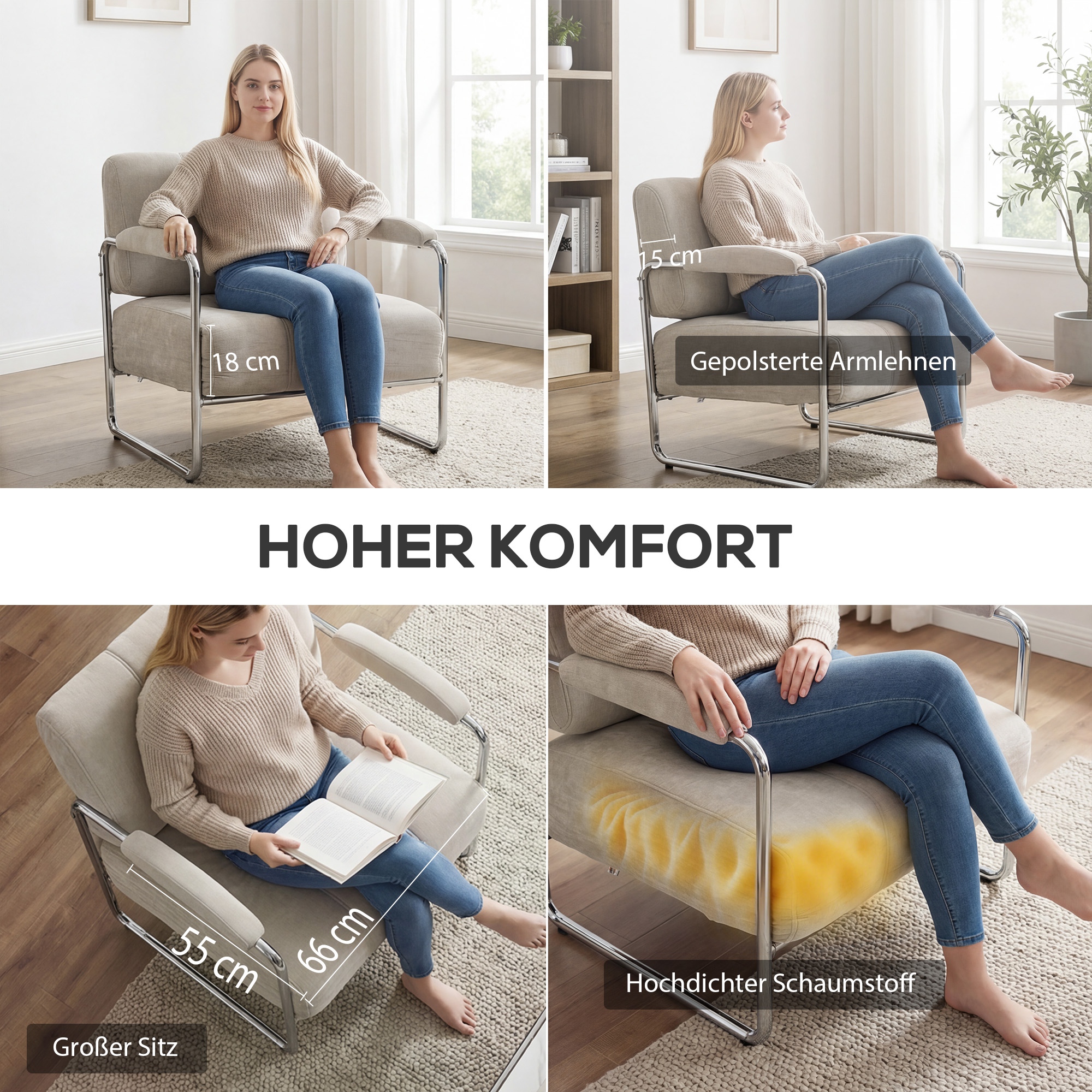 Moderner Sessel, Akzentstuhl mit breitem Sitz und dicker Polsterung, Chenille-Polsterstuhl fürs Wohnzimmer, Beige