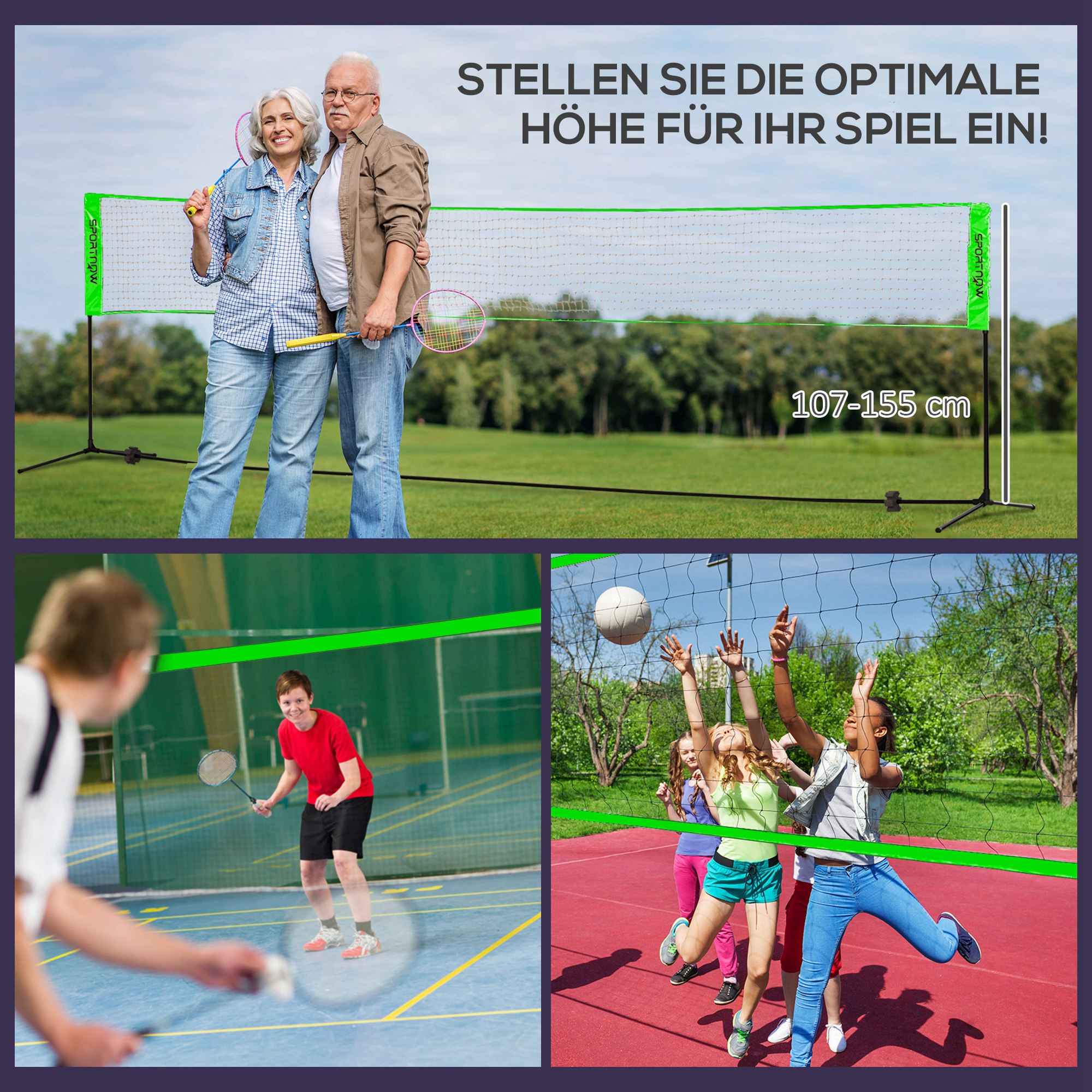 Badminton-Set mit 2 Schlägern, 3 Federbällen, höhenverstellbar 107-155 cm, Schwarz-Grün