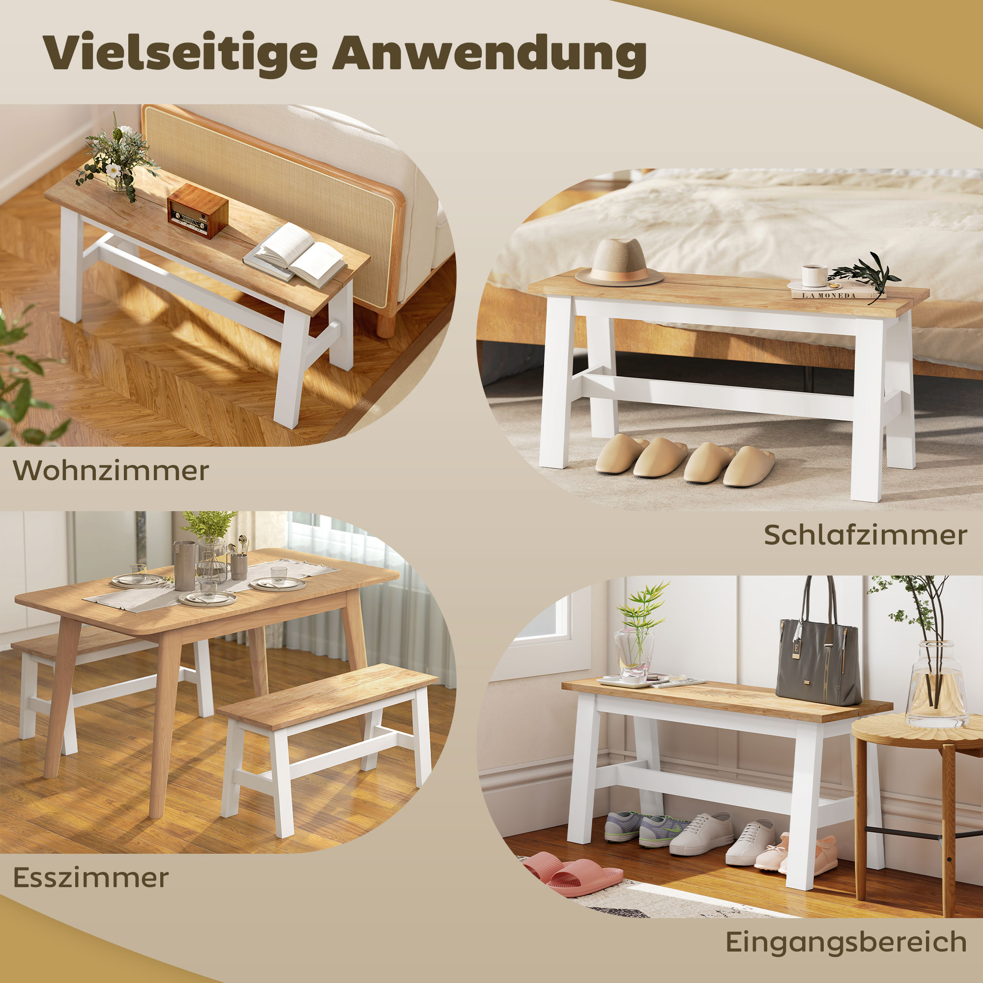 Sitzbank für 2, Holzbank in Eichenoptik, stabilisierende Querstange, für Wohnzimmer, Esszimmer, Flur, Kautschukholz, Weiß