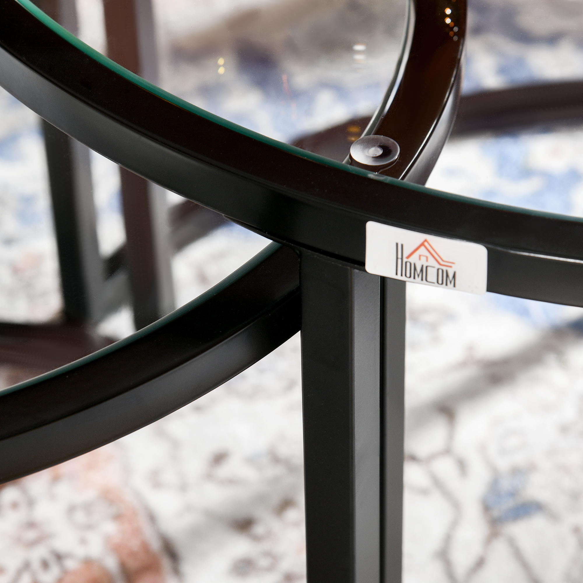 2er-Set Beistelltische Couchtische Industrie-Design, Glastische, stapelbar, Schwarz + Transparent