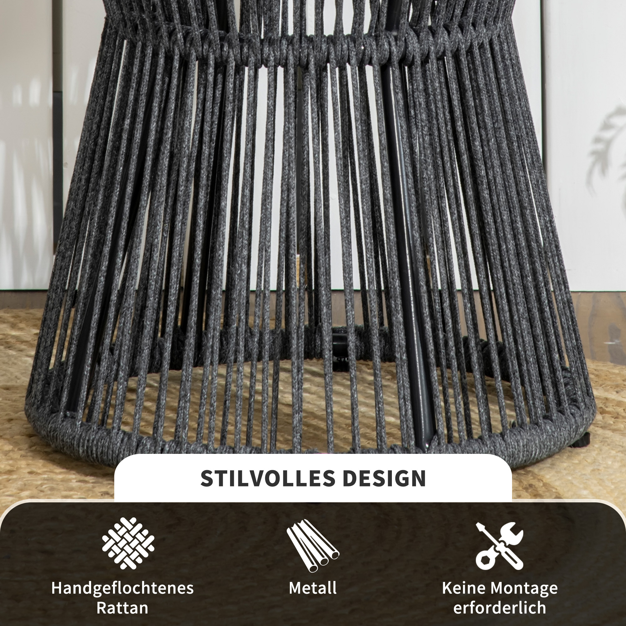 Gartentisch im Boho-Stil, wetterbeständig, PE-Rattan, 39 cm x 39 cm x 49 cm, Schwarz + Natur