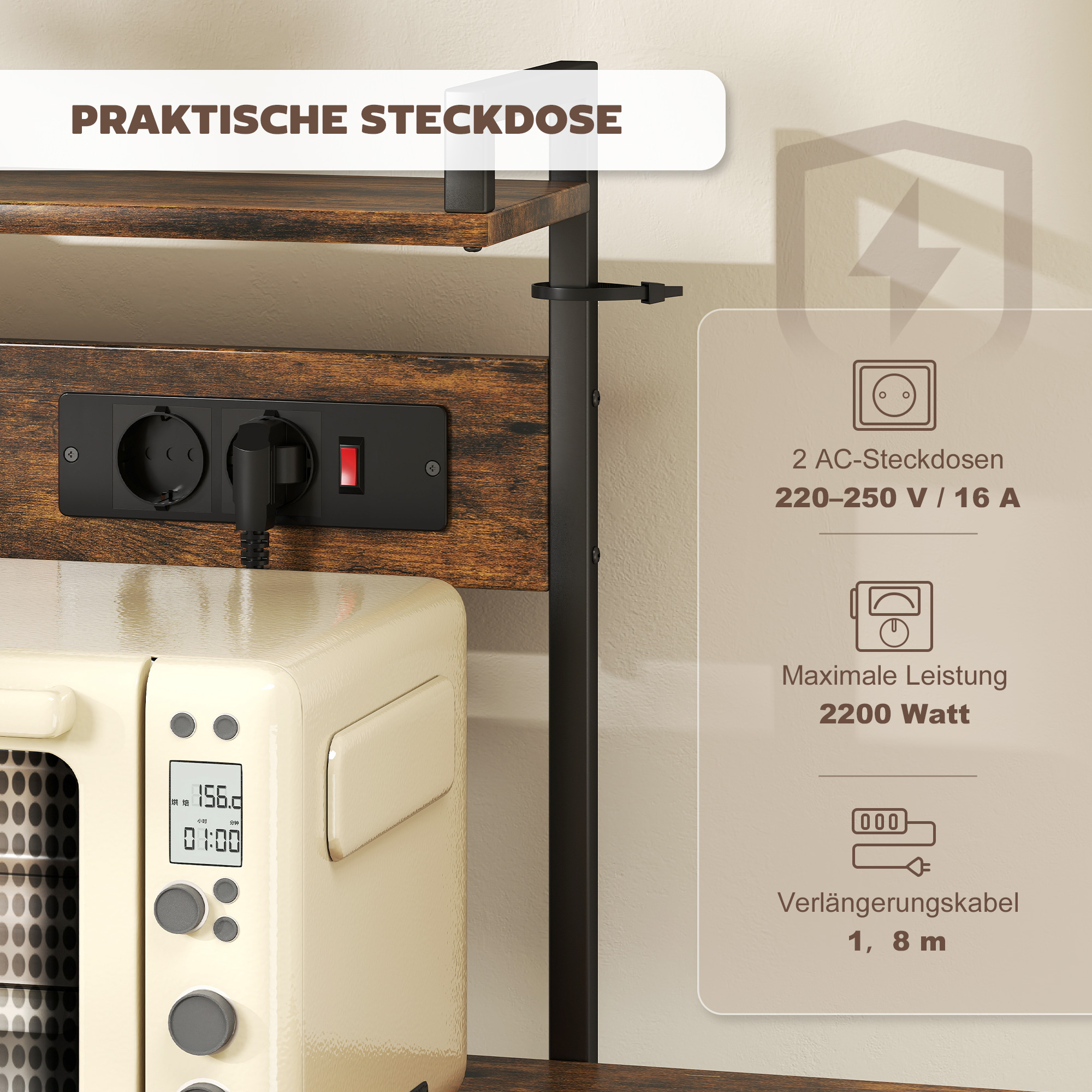 Küchenregal, Standregal mit 2 Steckdosen, 5 S-Haken, 5 Ablagen, Korb, X-Streben Stahl 90 x 42 x 130 cm