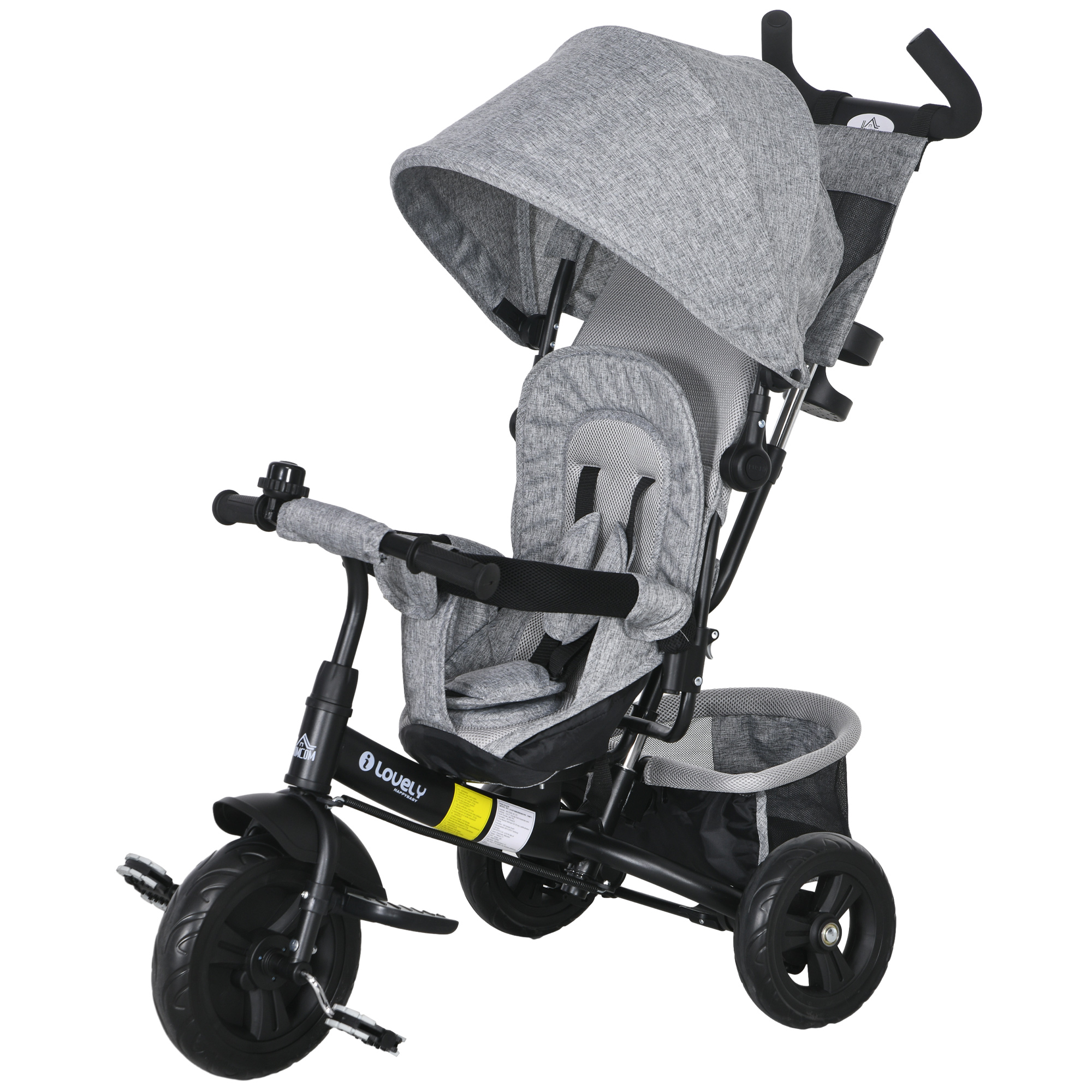 Kinder-Dreirad, Kinderfahrrad, Rückenkorb, Becherhalter, Sonnendach, Metall, Grau