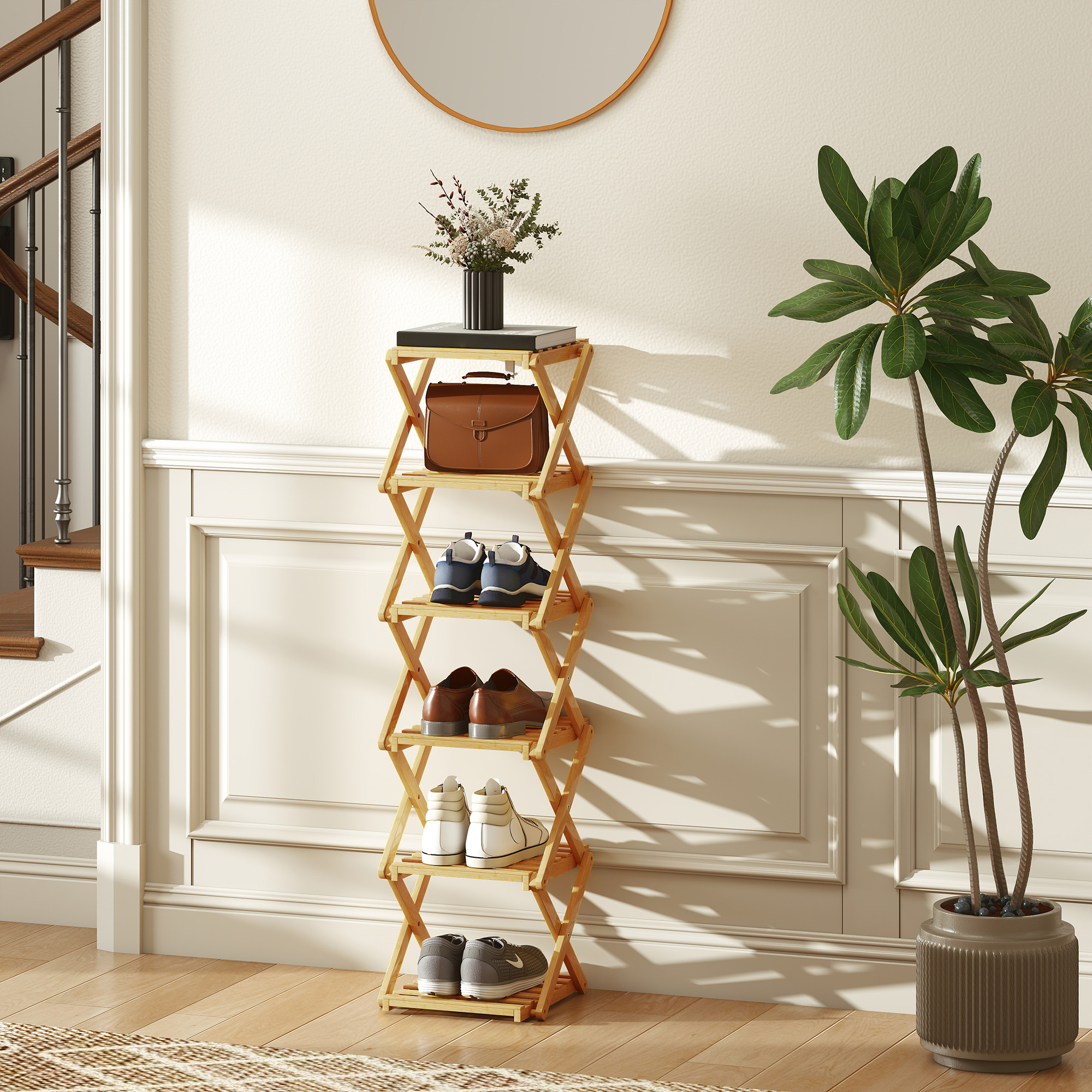 Schuhregal, klappbar Schuhständer mit 6 Ebenen aus Bambus, für max. 9 Paar Schuhe, 30 x 29 x 108 cm, Natur