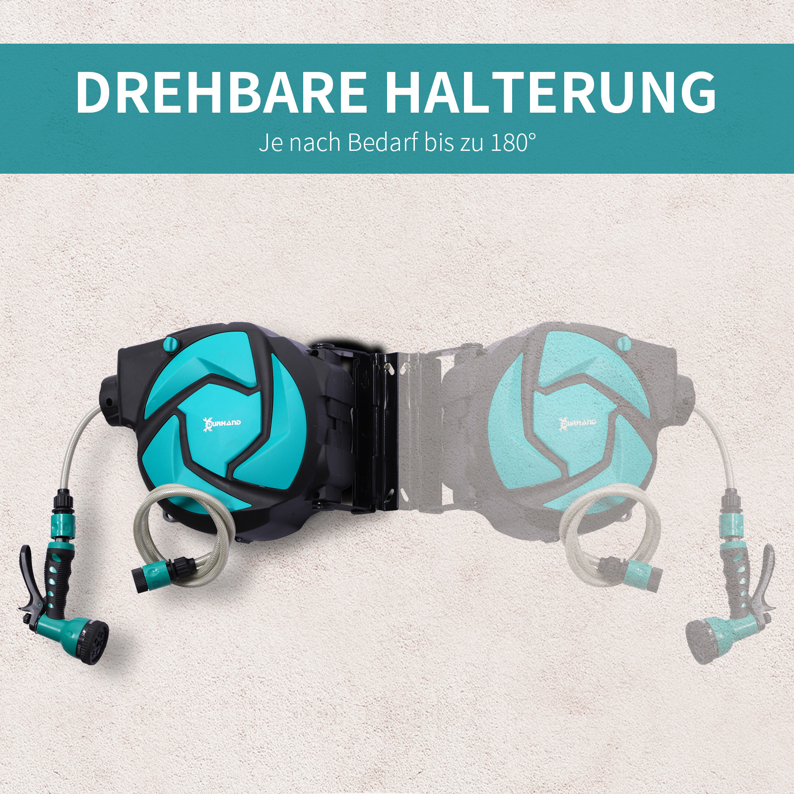 Schlauchtrommel mit Gartenschlauch 10 m Wasserschlauchaufroller mit automatische Aufrollung Wandschlauchbox 180° schwenkbar mit Multibrause Frostschutz -5-45 °C Grün + Schwarz