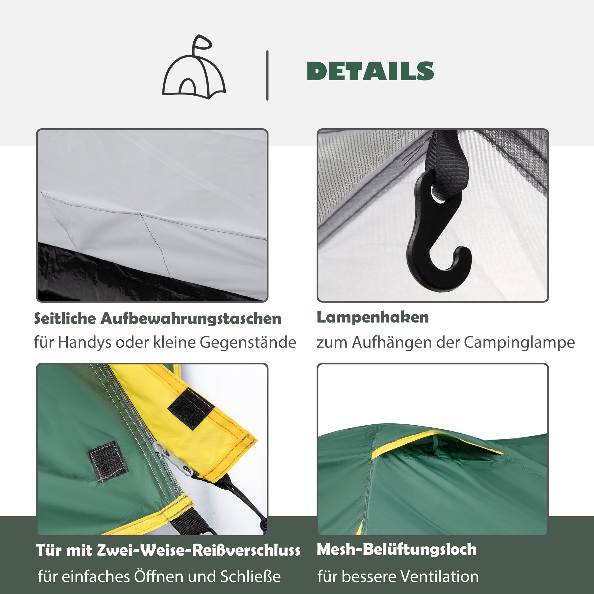 Zelt für 2 Personen 190T Campingzelt mit Heringen Kuppelzelt Glasfaser Polyester Grün+Gelb 325 x 183 x 130 cm
