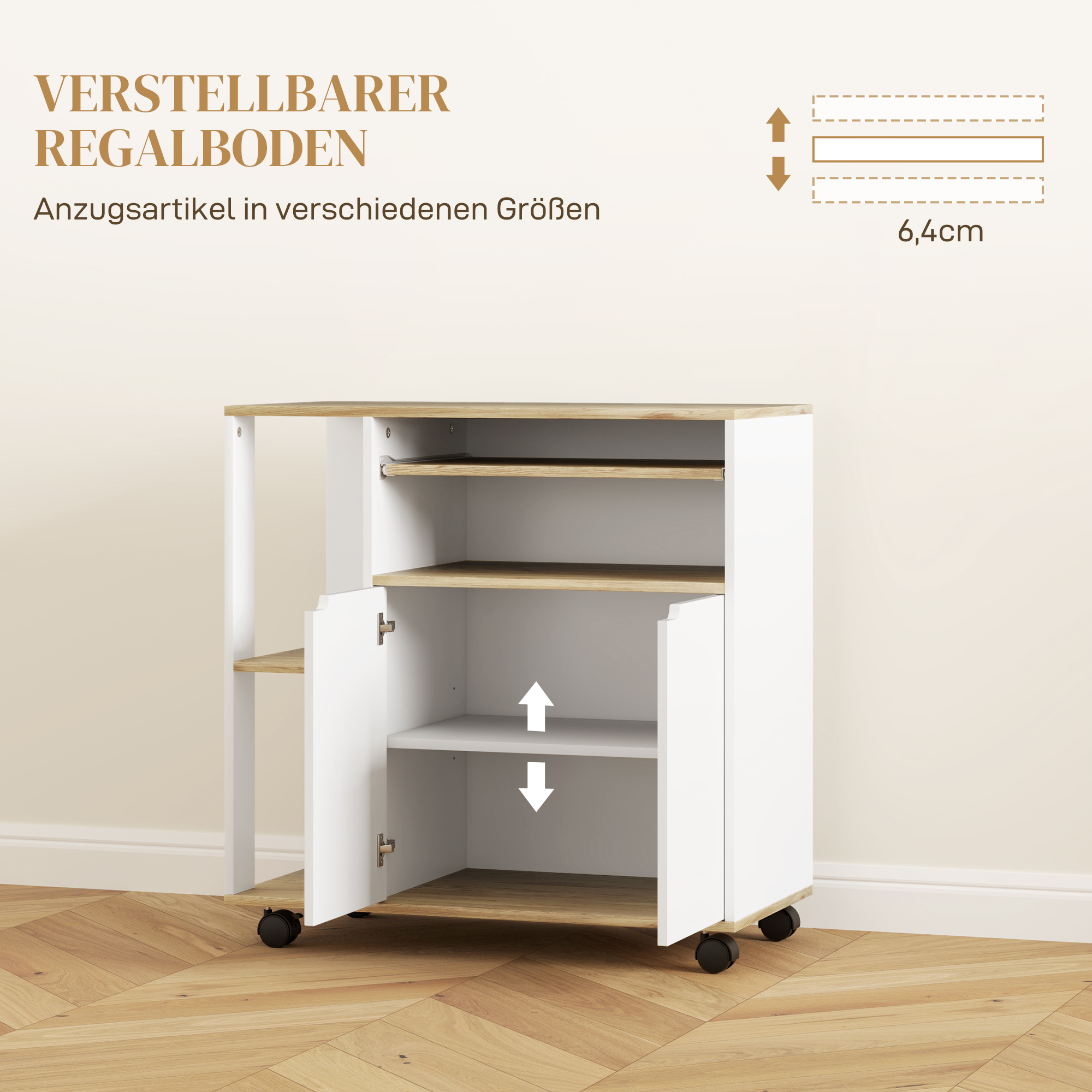 Rollender Küchenwagen mit Stauraum, Schrank, verstellbare Regale, für Küche, Wohnzimmer, Esszimmer, Weiß