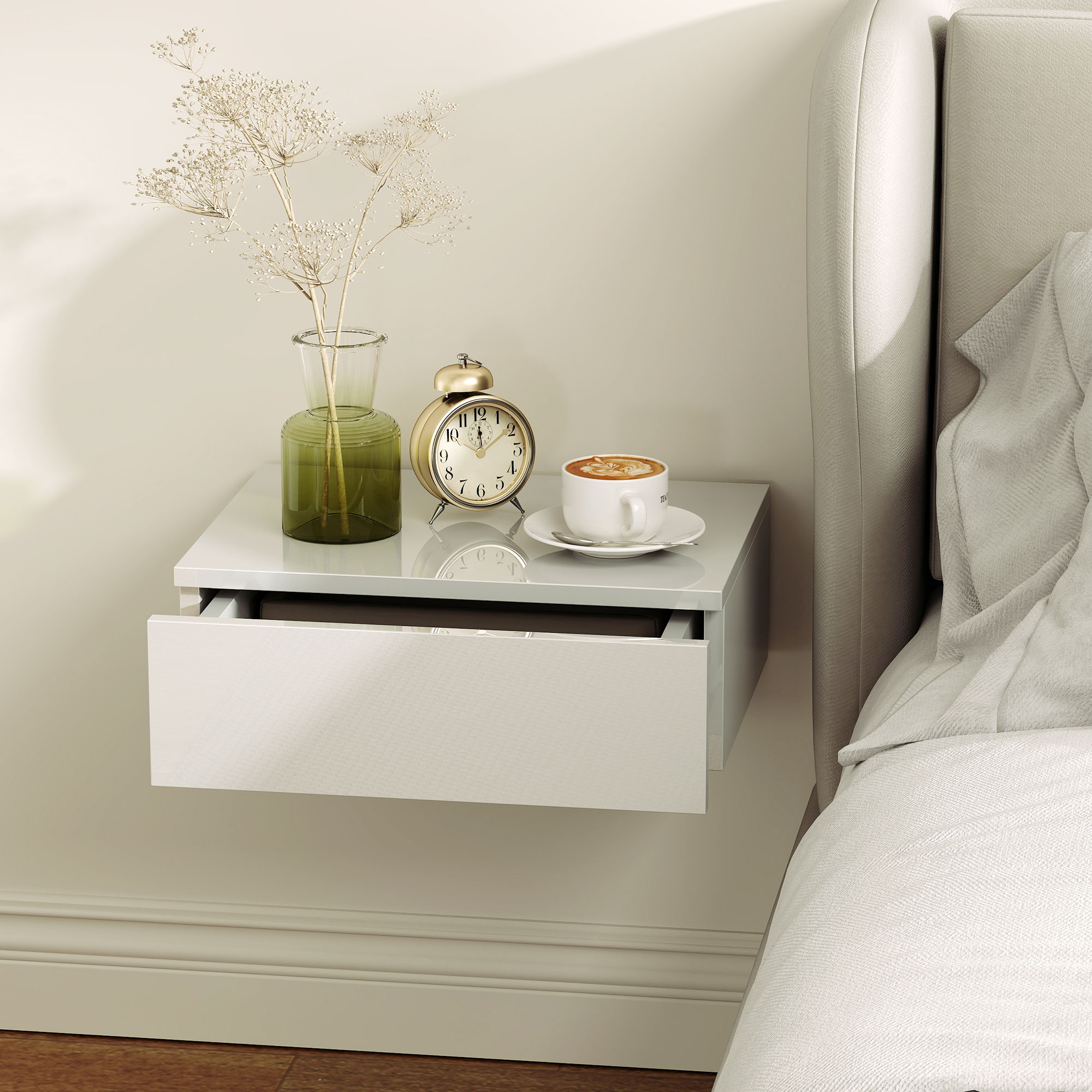 2er-Set Nachttische, wandmontiertes Design, Schublade, für Schlafzimmer, Spanplatte, Weiß