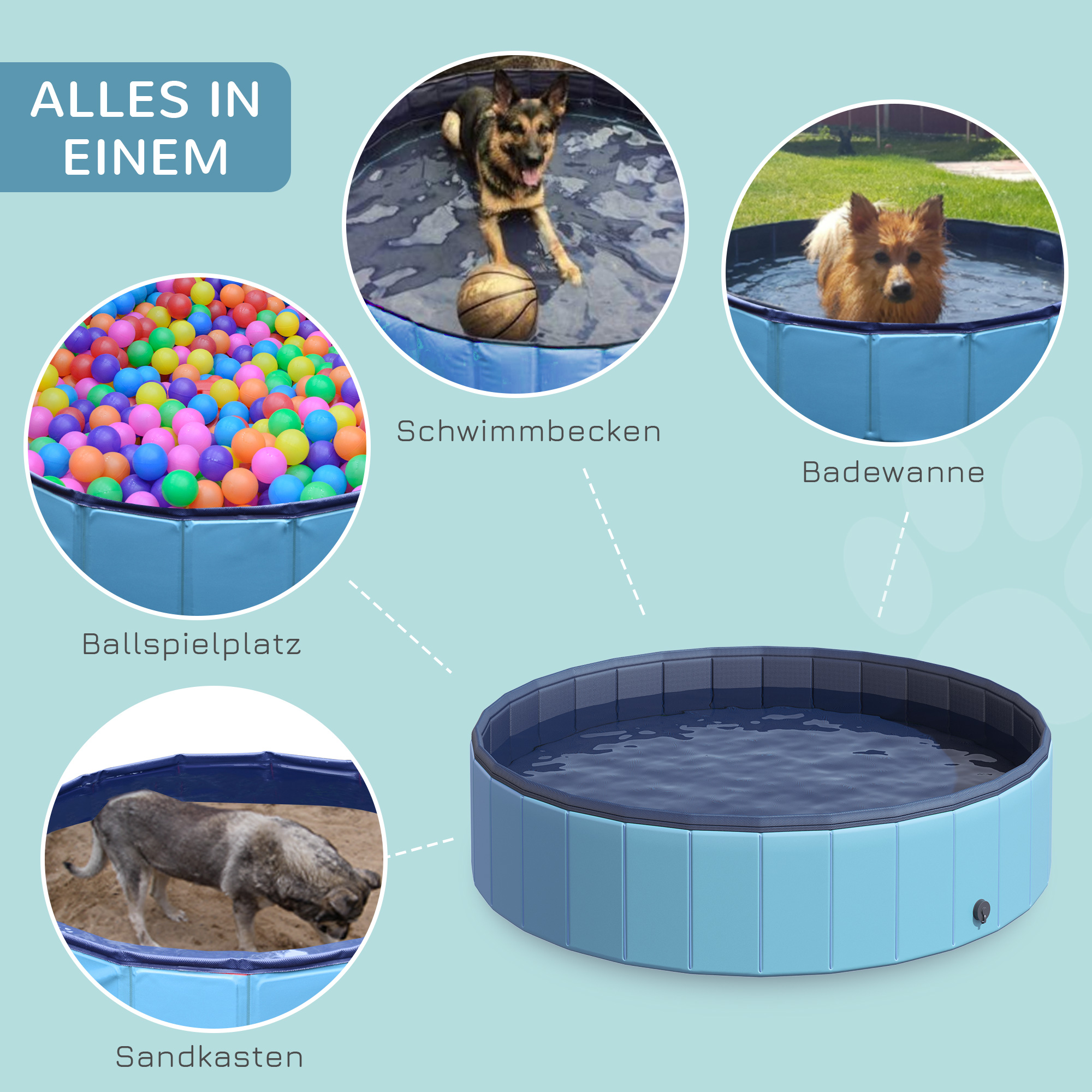 Hundebadewanne faltbar Badewanne Hundepool Plantschbecken Swimmingpool Wasserbecken für Hunde und Katzen Schwimmbecken Kunststoff+Holz Blau Ø140 x H30 cm