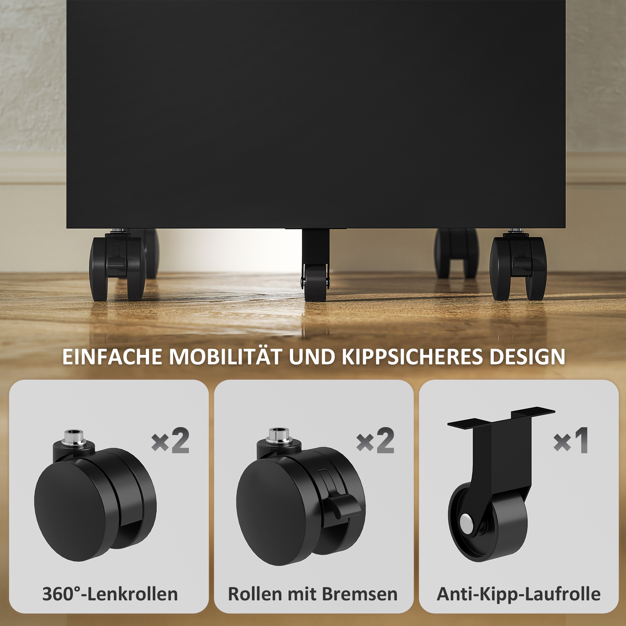 Aktenschrank aus Metall, Büroschrank, 3 Schubladen, rollbar, Schwarz