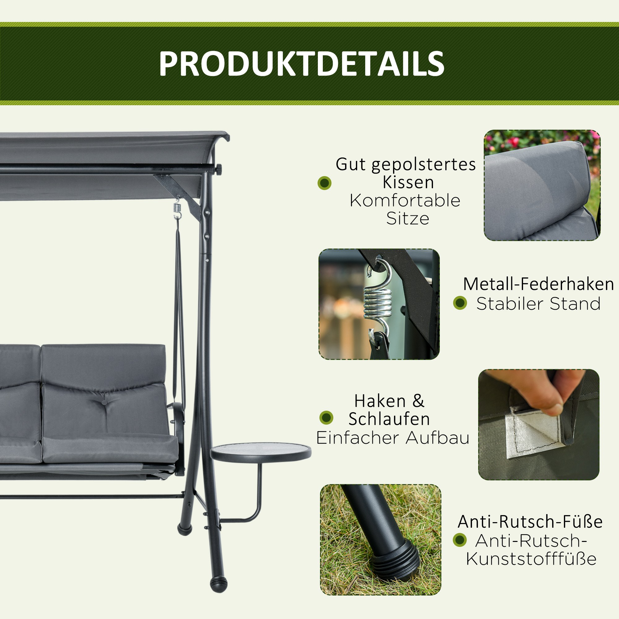 Hollywoodschaukel 3-Sitzer Gartenschaukel Schaukelbank mit verstellbarem Sonnendach Teetisch Stahl Polyester Grau+Schwarz 271 x 125 x 177 cm