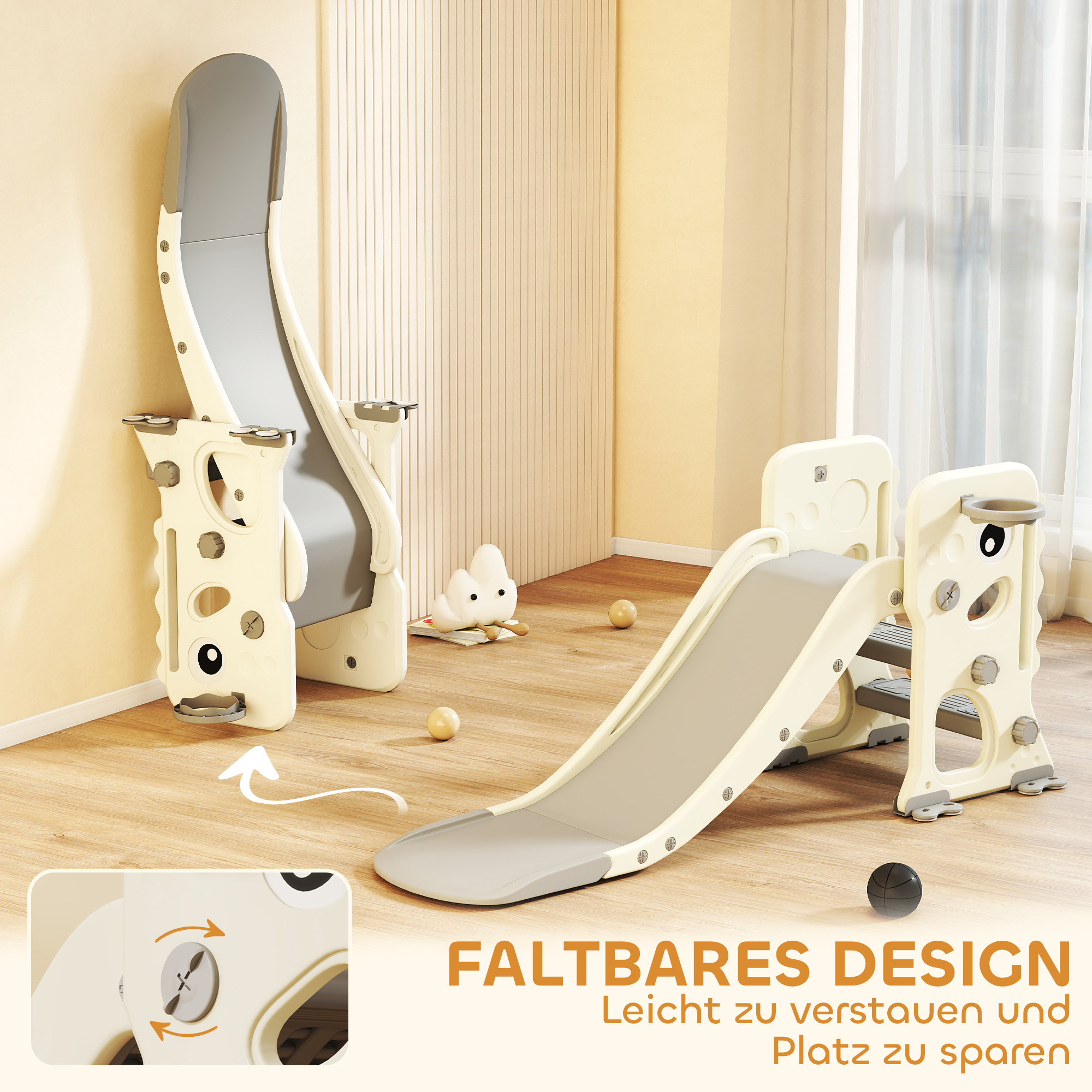 3-in-1-Kinderrutsche mit Klettergerüst, Basketballkorb Ball, faltbare Indoor-Kleinkindrutsche für Kinder 2-5 Jahren