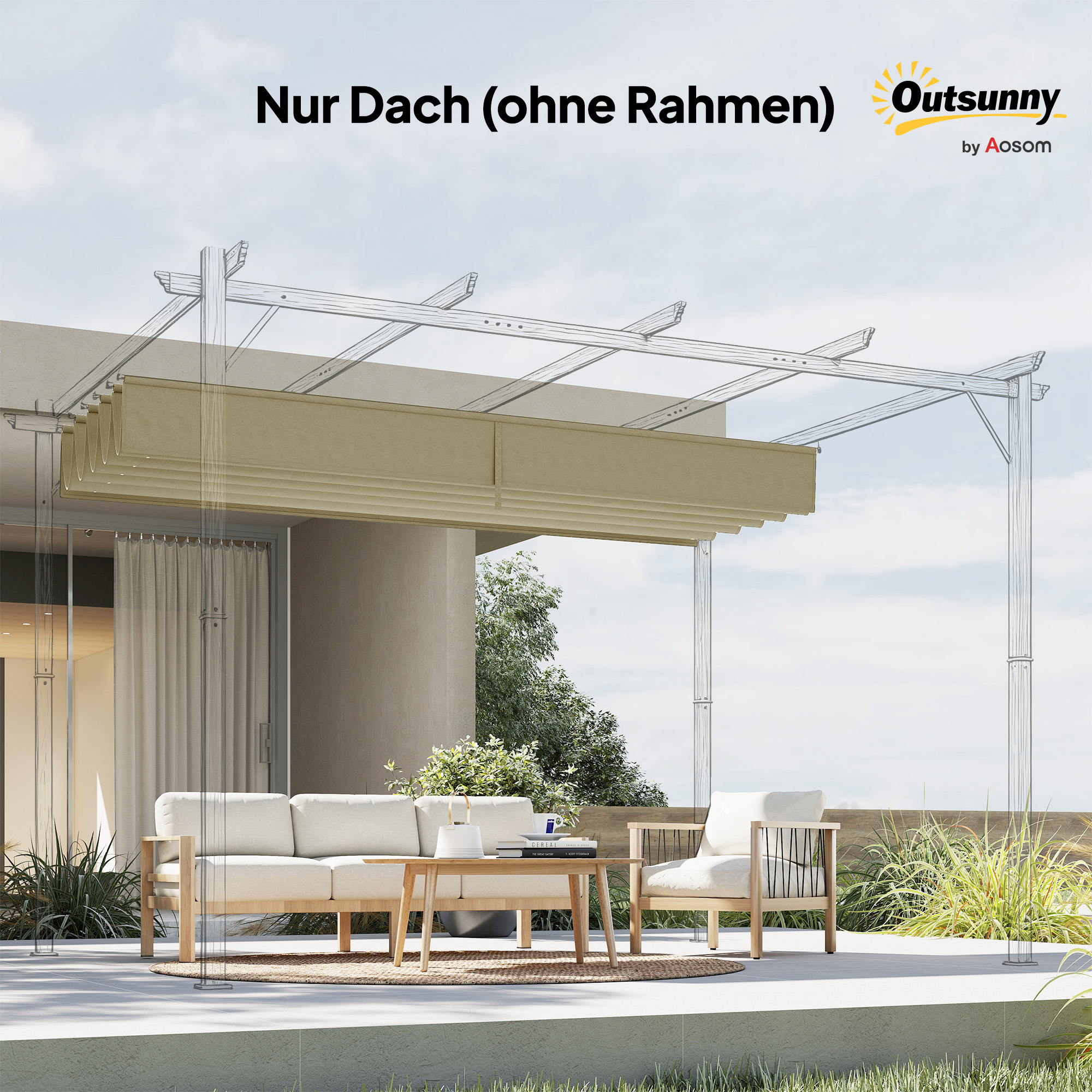 Ersatzdach für 4 x 3 m Pergola, einziehbar, mit Regenabflusslöchern, wetterfest, Polyester, Beige
