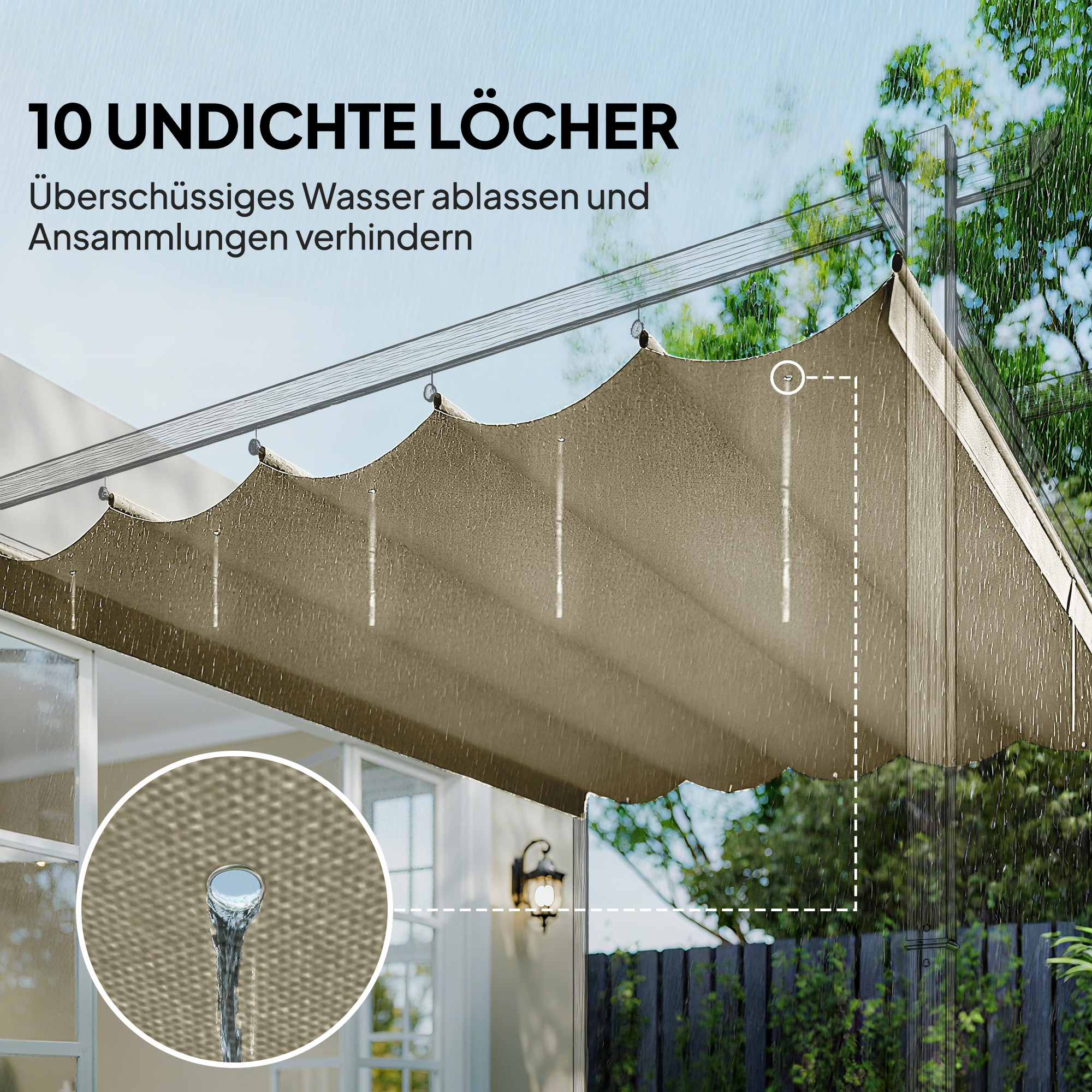 Ersatzdach für 4 x 3 m Pergola, einziehbar, mit Regenabflusslöchern, wetterfest, Polyester, Beige