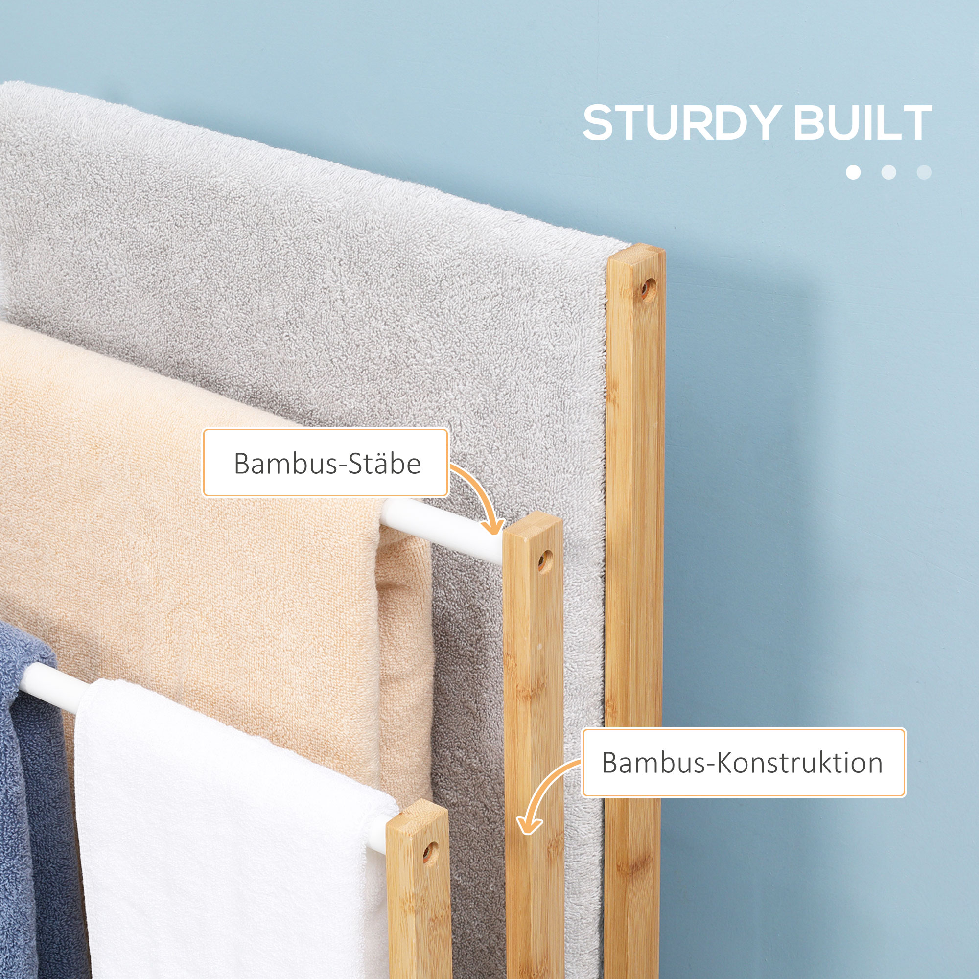 Handtuschständer aus Bambus. 3-teiliges Design, 3 Handtuchstangen 48 cm x 25,8 cm x 94 cm, Natur + Weiß