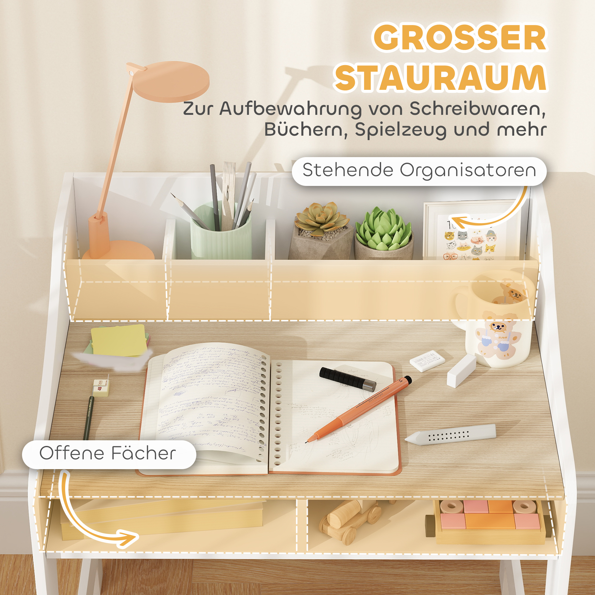 Kinder-Schreibtisch-Set mit Stauraum, offene Fächer, Stuhl, 3-8 Jahre, Holz