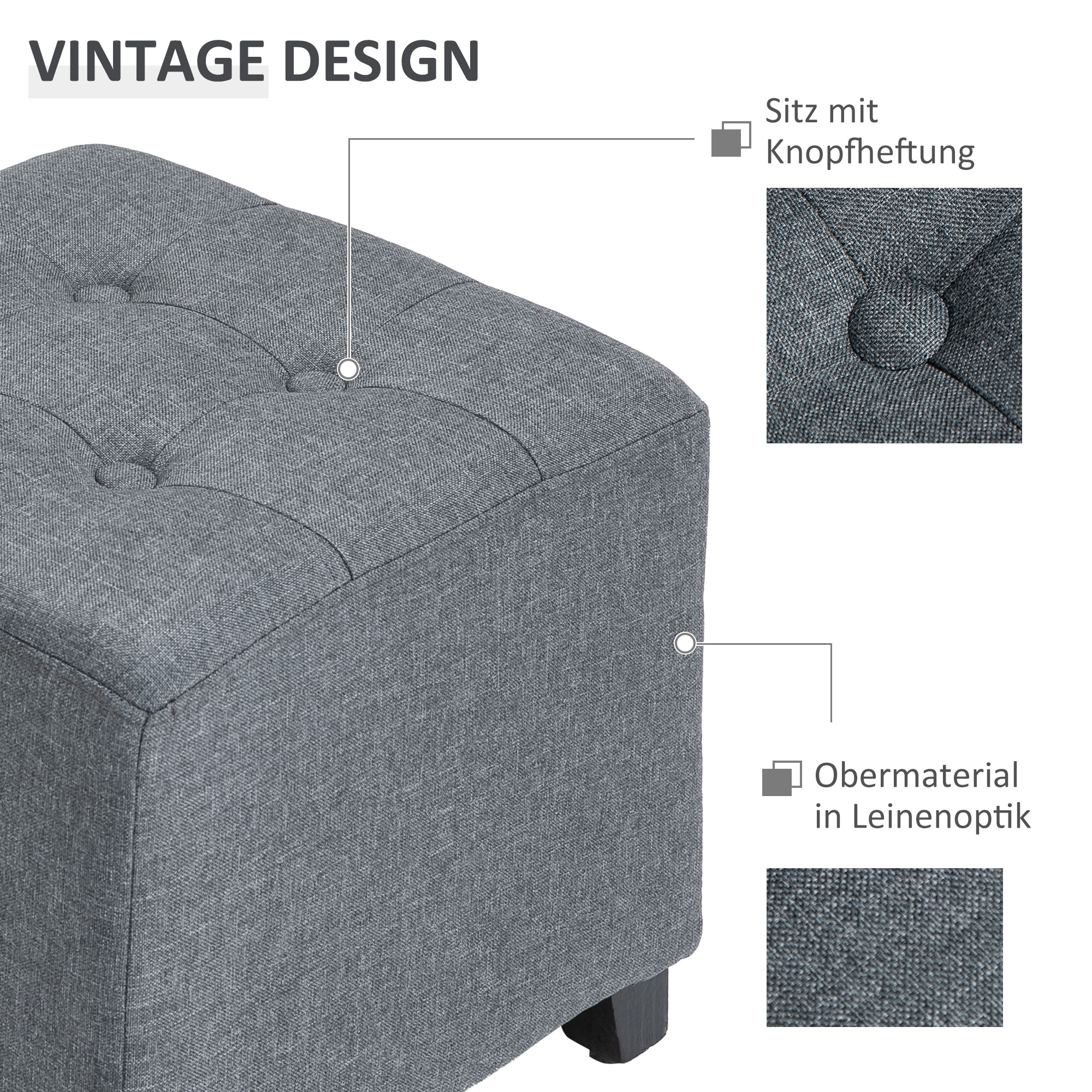 Hocker Sitzhocker, Knopfheftung, Leinenoptik, 35 cm x 35 cm x 35 cm, Grau