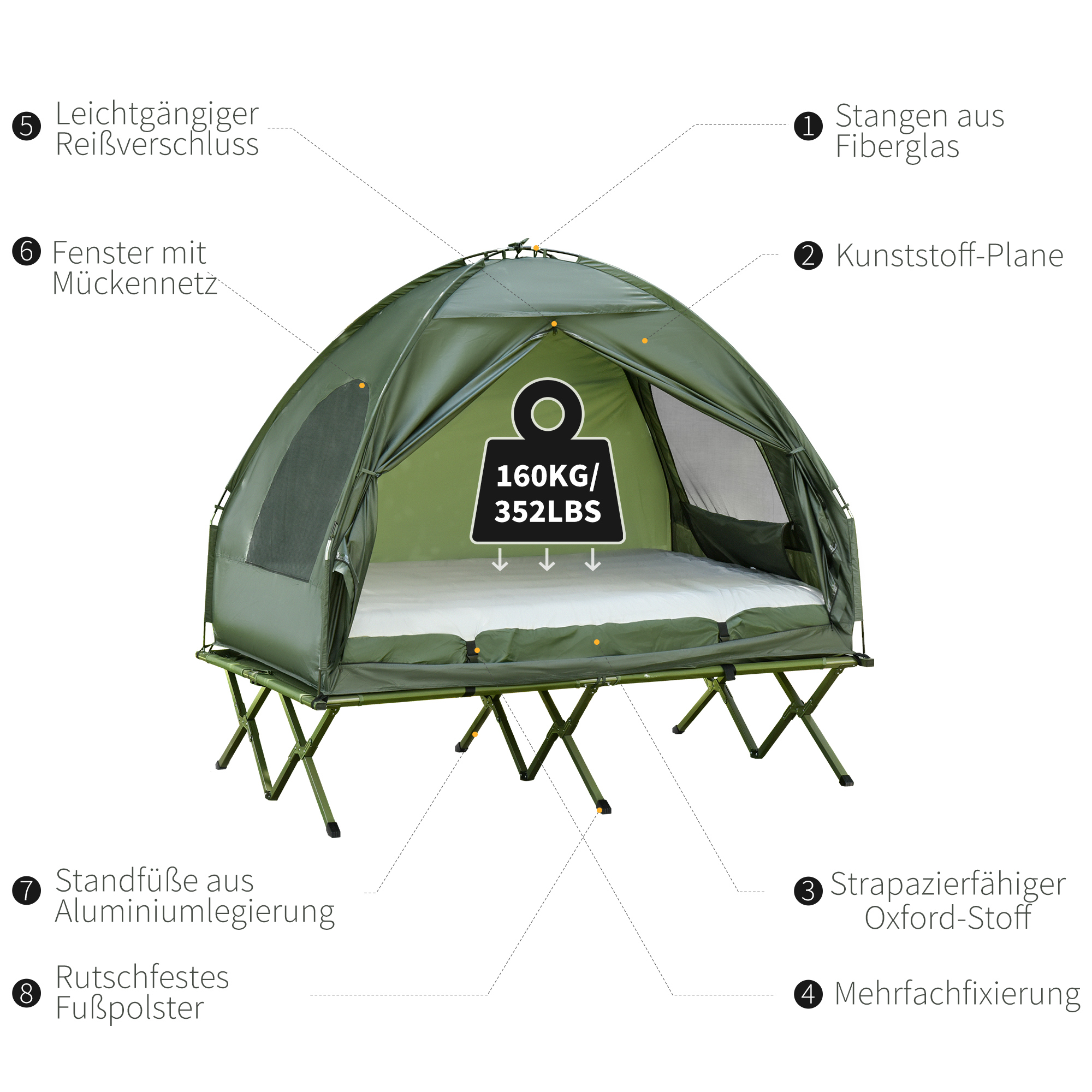 Campingzelt-Set für 2 Personen mit Feldbett und Luftmatratze Grün