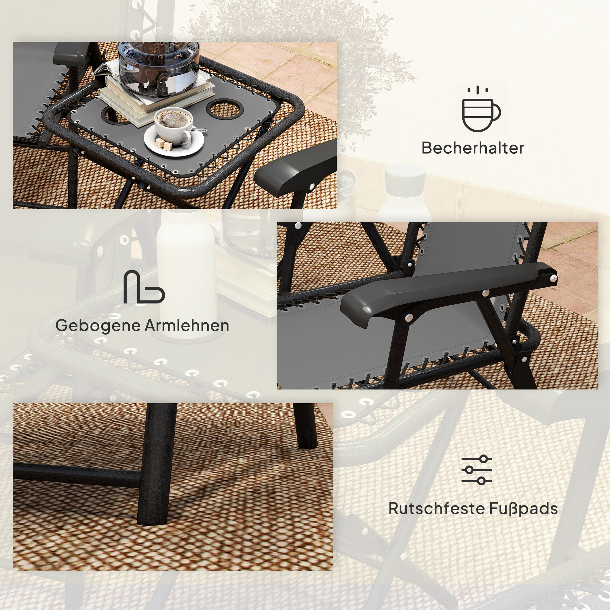 Bistro Set 3-teilig aus Stahl Wetterfest Gartenmöbel Set mit klappbar Bistrotisch Becherhalter Gartenstühlen Dunkelgrau