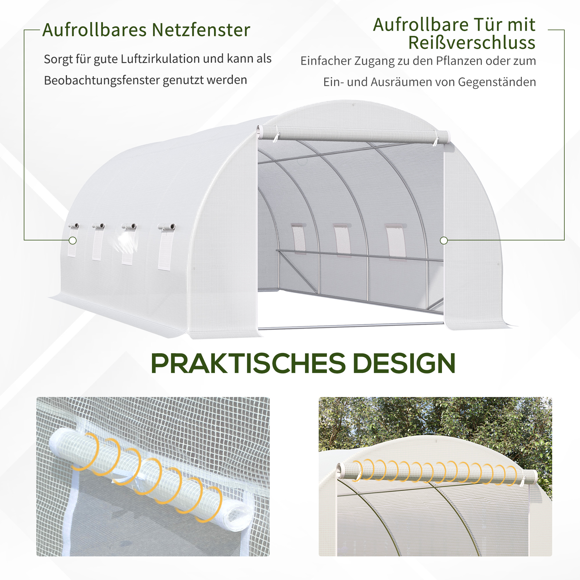 Gewächshaus 595x300x200cm Foliengewächshaus Tomatenhaus mit Tür, Fenster, Folientunnel aus verzinktem Stahl, Pflanztunnel, Treibhaus inkl. Erdanker Seilen, Gartentunnel, Weiß