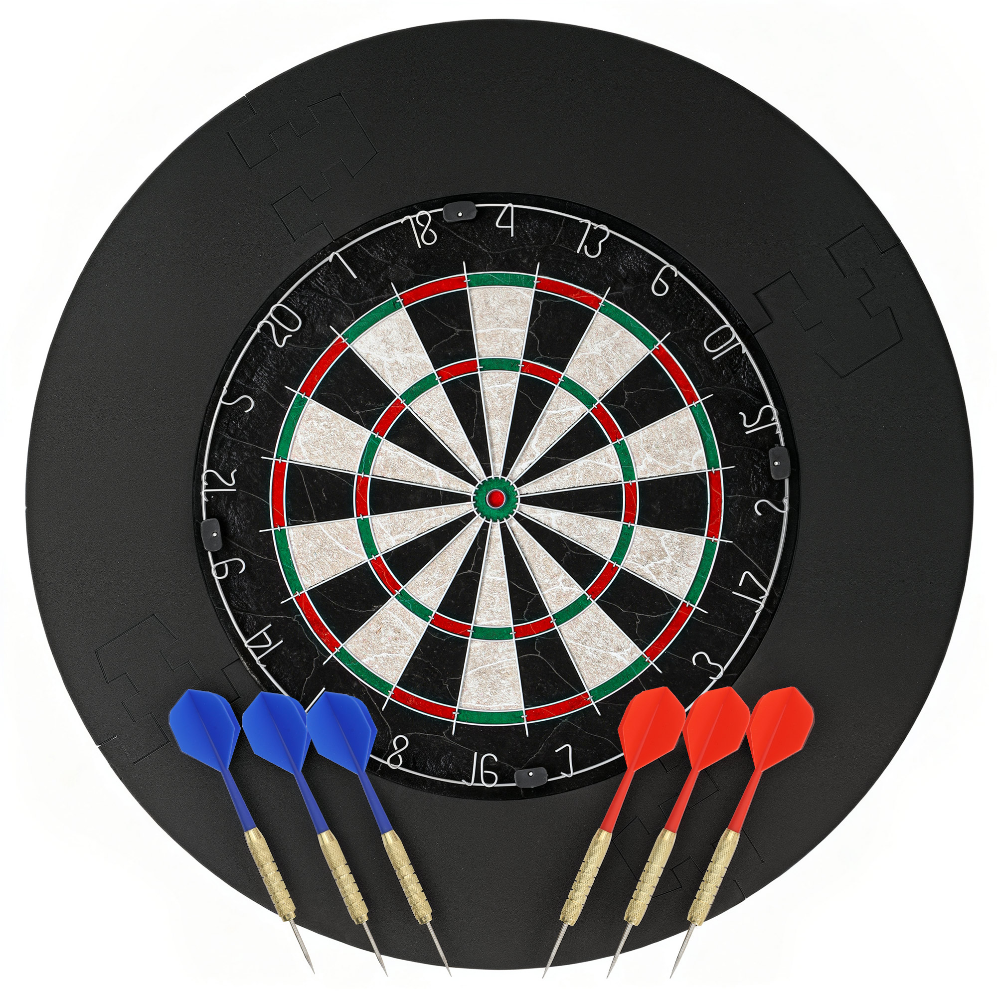 Dartscheibe Dartboard-Set mit Schutzring, 6 Dartpfeile mit Stahlspitzen, Sisal, Kunststoff, Schwarz