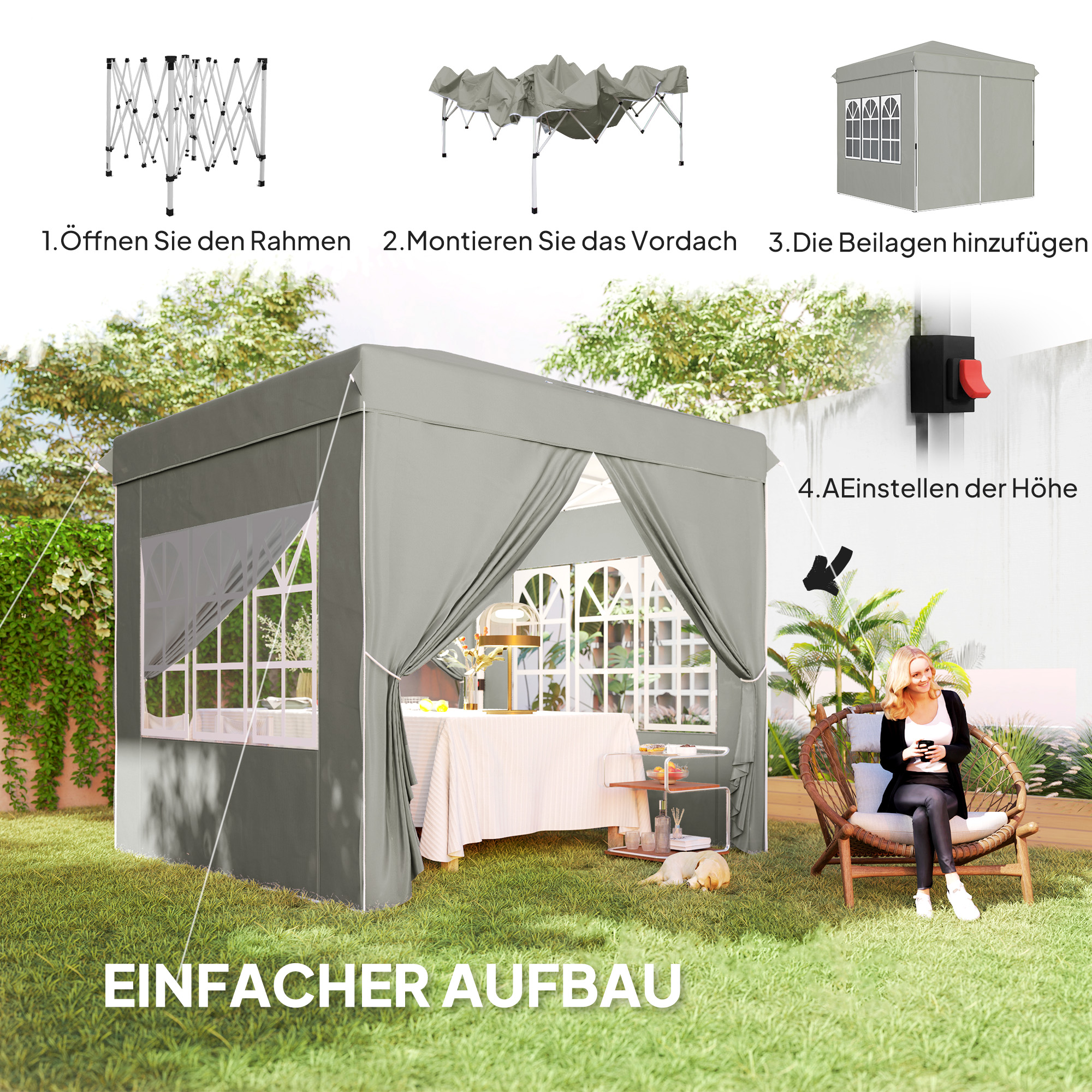 2,5 x 2,5 m Pop-up-Pavillon mit Seitenwänden und Tragetasche, UPF50+ höhenverstellbares Gartenzelt, Hellgrau