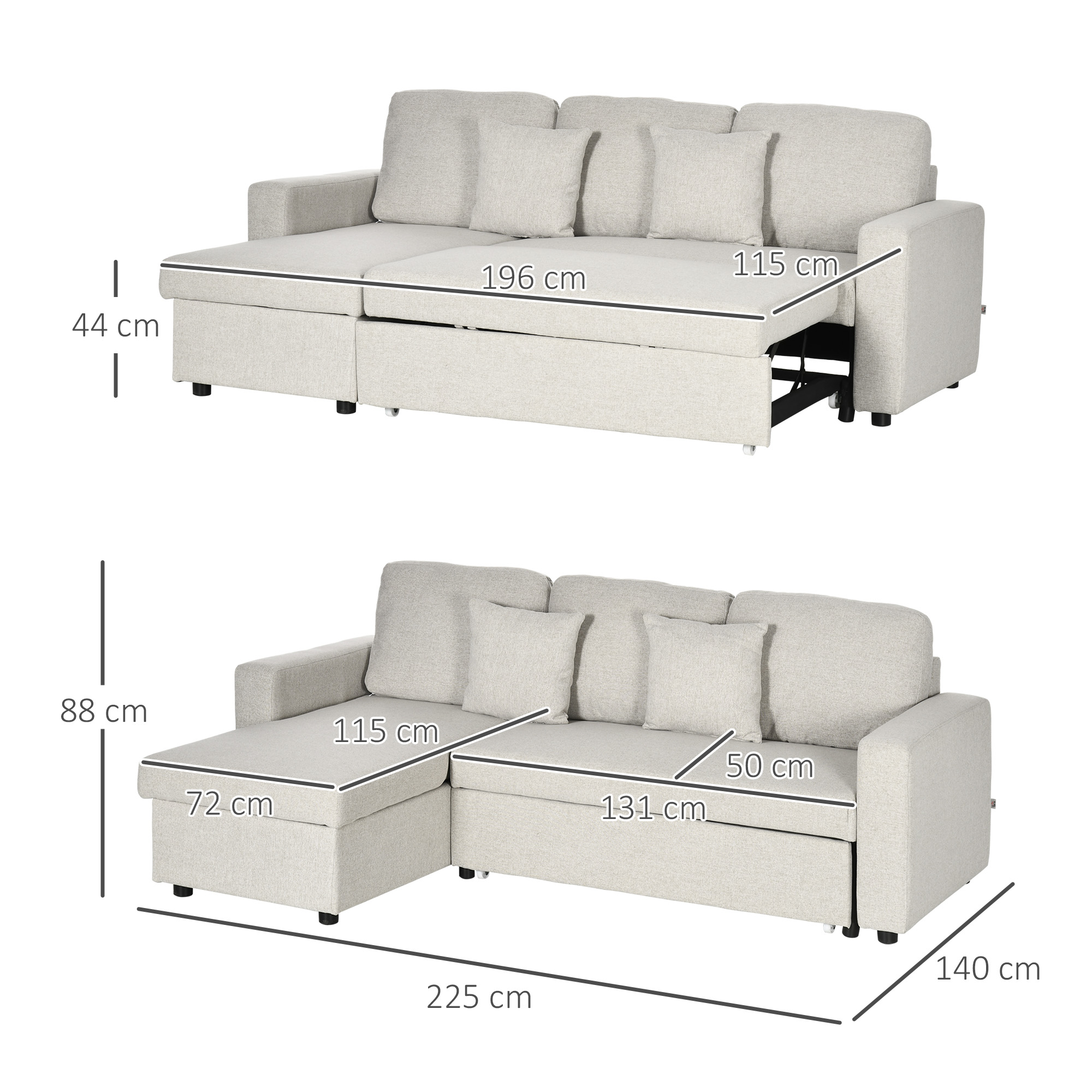 Ecksofa mit Bettfunktion, Eckcouch inklusive 2er-Sitz Sofa, Einzelbett, L-Form mit Stauraum, 2 Kissen Cremeweiß