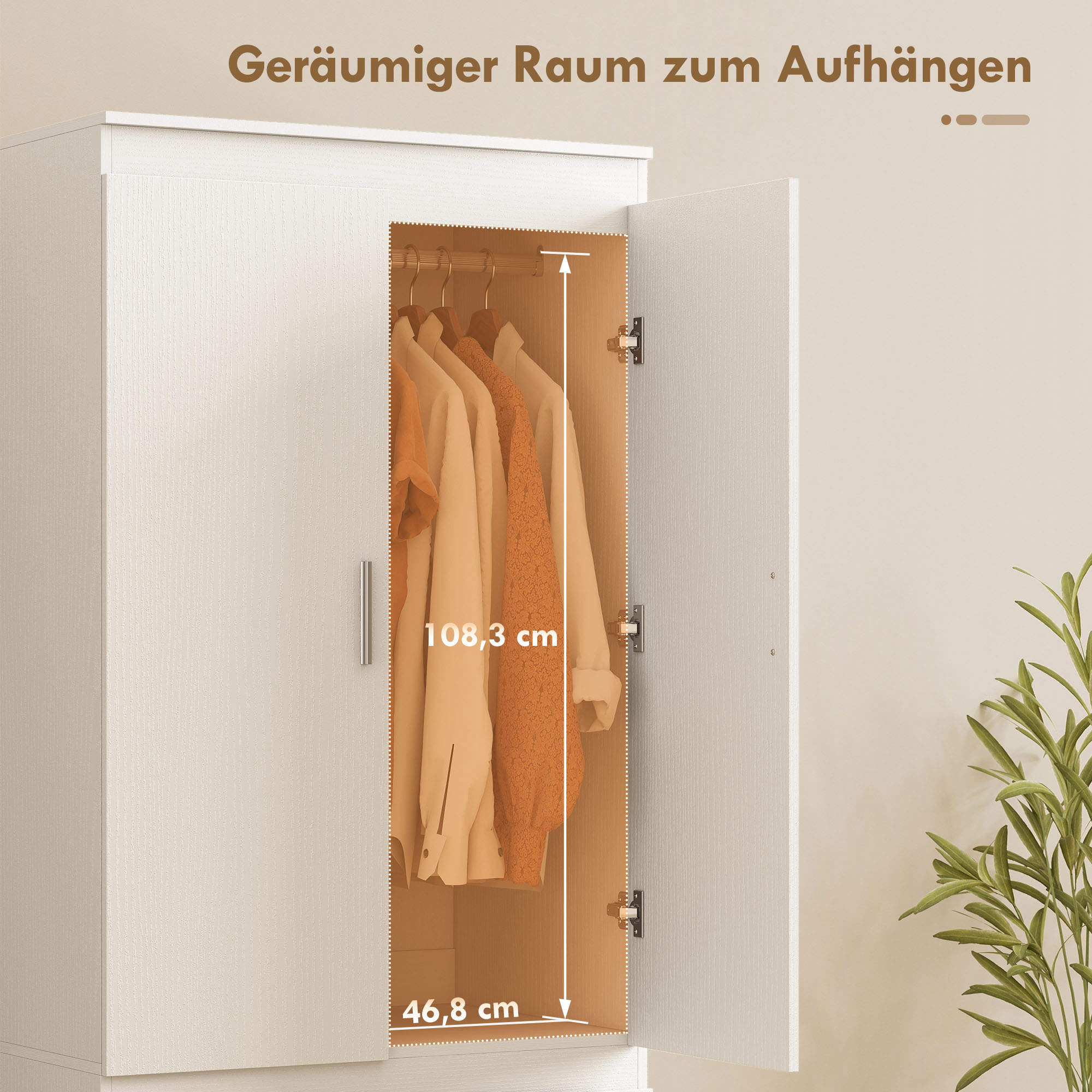 Schlafzimmer-Garderobe mit 2 Türen, 2 Schubladen, 3 Fächer, Holz, Weiß