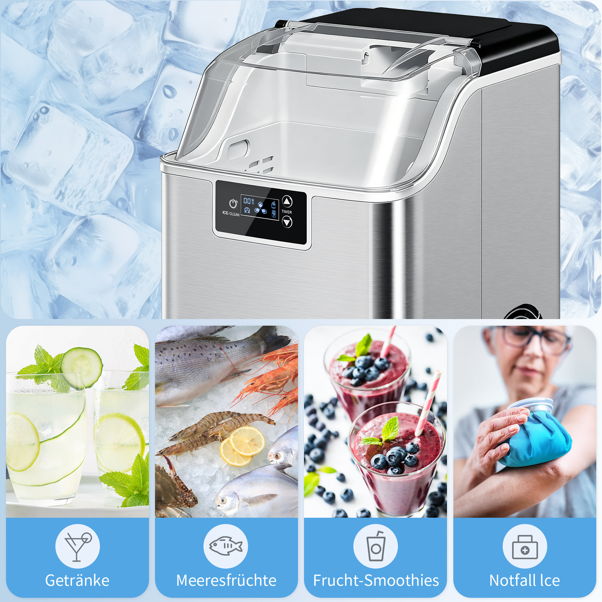 Eiswürfelmaschine, Eiswürfelspender, Ice-Maker, 20 kg/24h Eiswürfelbereiter mit 2,1 L Wassertank, Silber