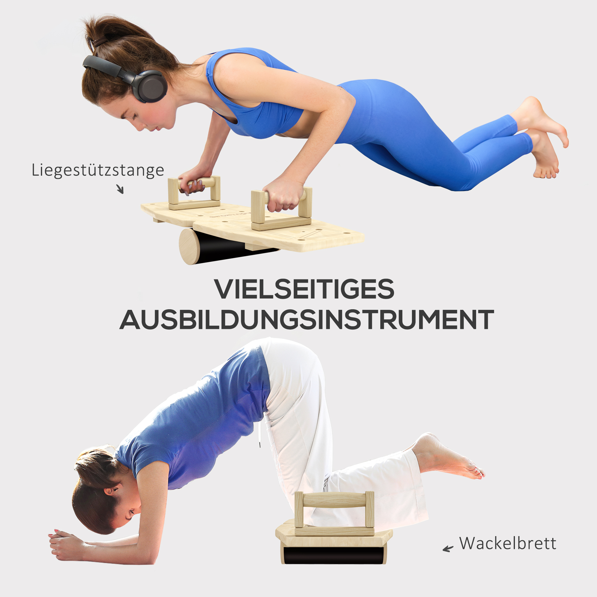 Push Up Bars Set, Liegestützgriffe mit Trainingsboard & Widerstandsbändern, Holz