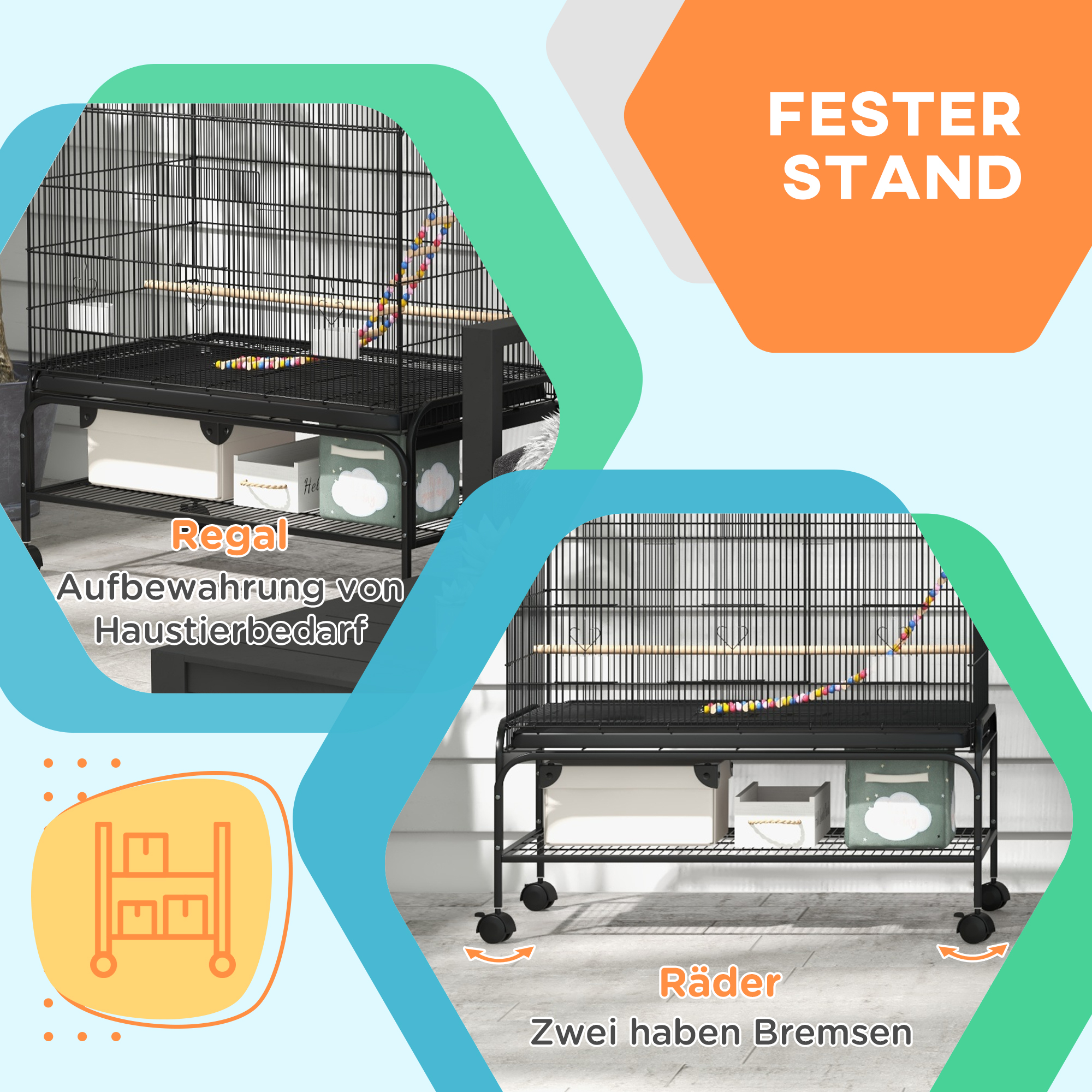 Vogelkäfig inklusive Sitzstangen, Vogelspielzeug, herausnehmbare Bodenwanne, Schwarz