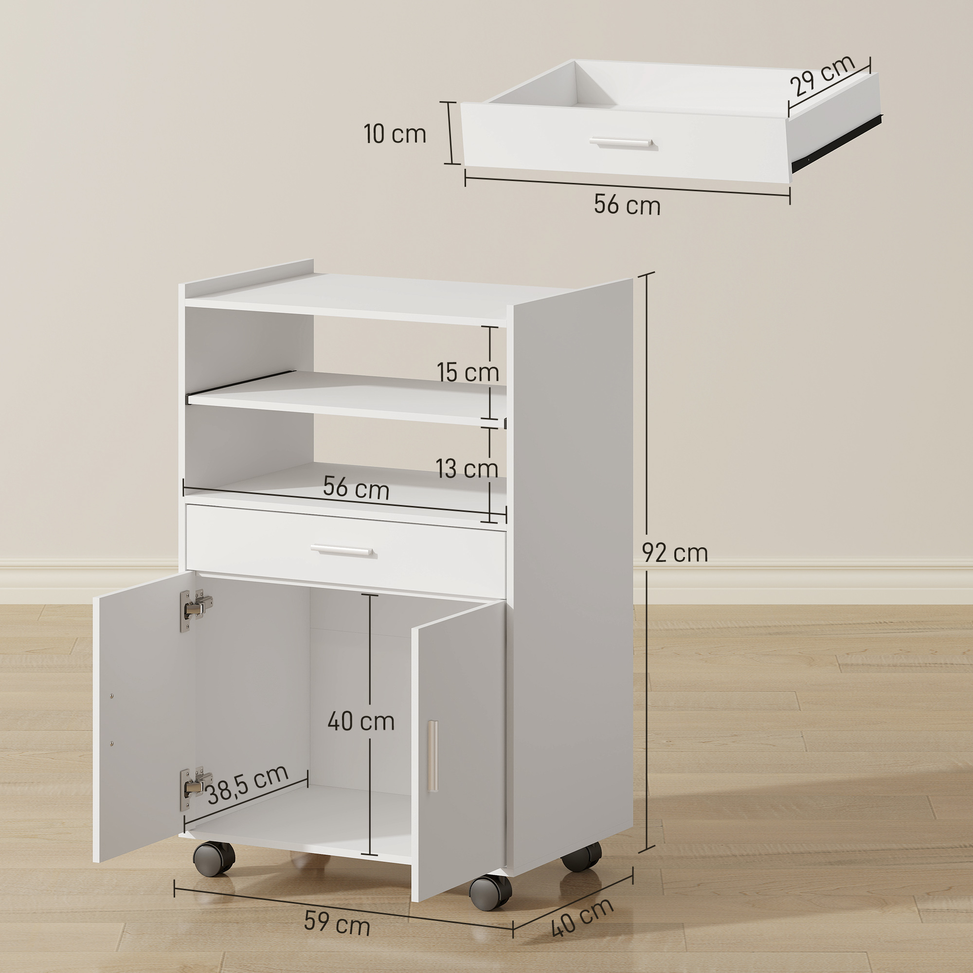 Mikrowellenschrank, Regal, Doppeltürschrank, Schublade, Rollen, Weiß