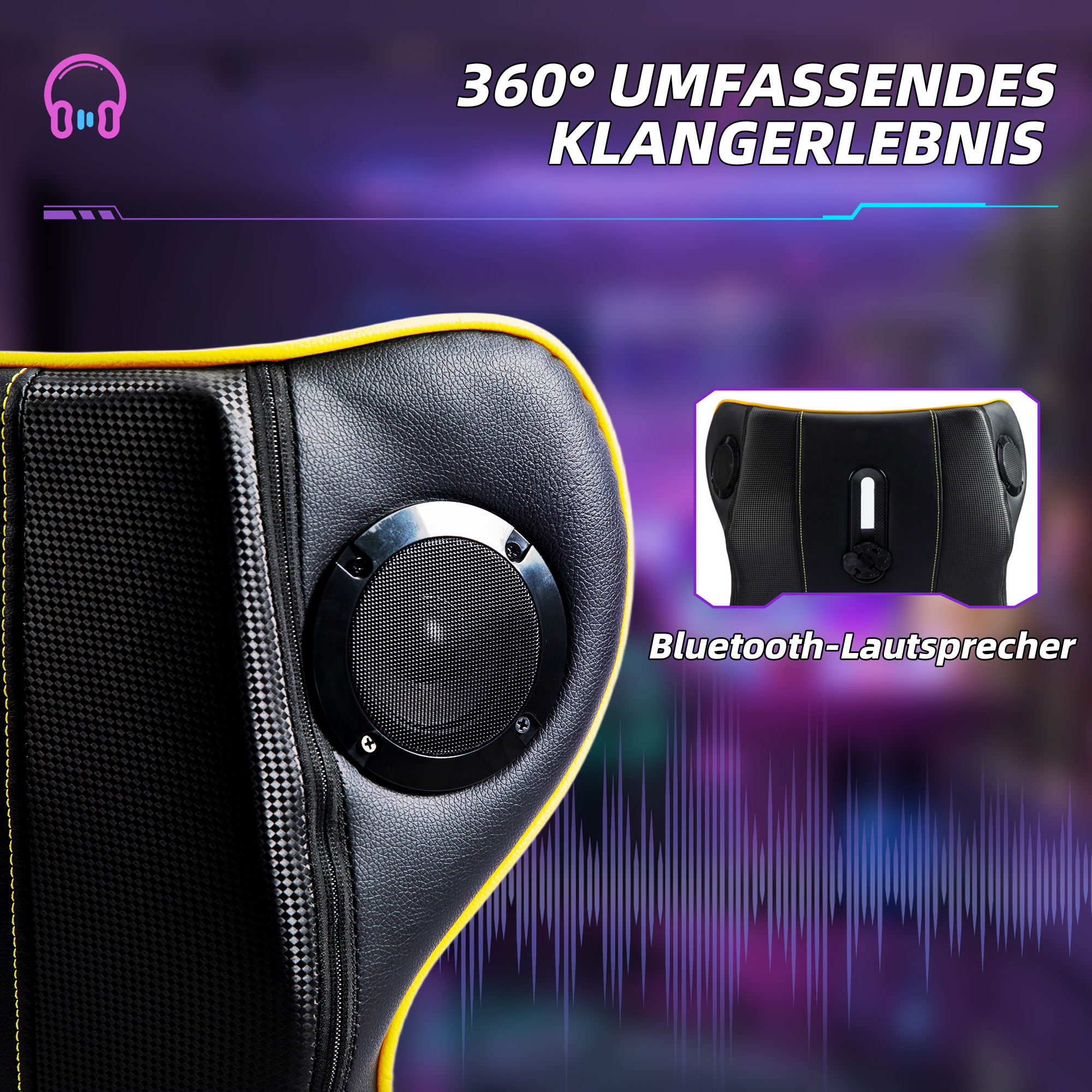 Gaming Stuhl mit Schaukelfunktion und Lautsprecher, Lenden- und Nackenstütze, für Spielzimmer, Kunstleder, Gelb+Schwarz