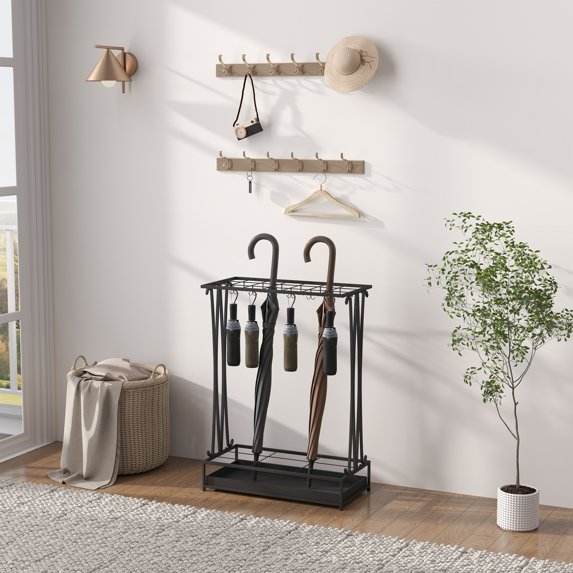 Schirmständer mit herausnehmbarer Tropfwasserschale, Regenschirmständer mit 21 Öffnungen und 24 Haken, Stahl, Schwarz