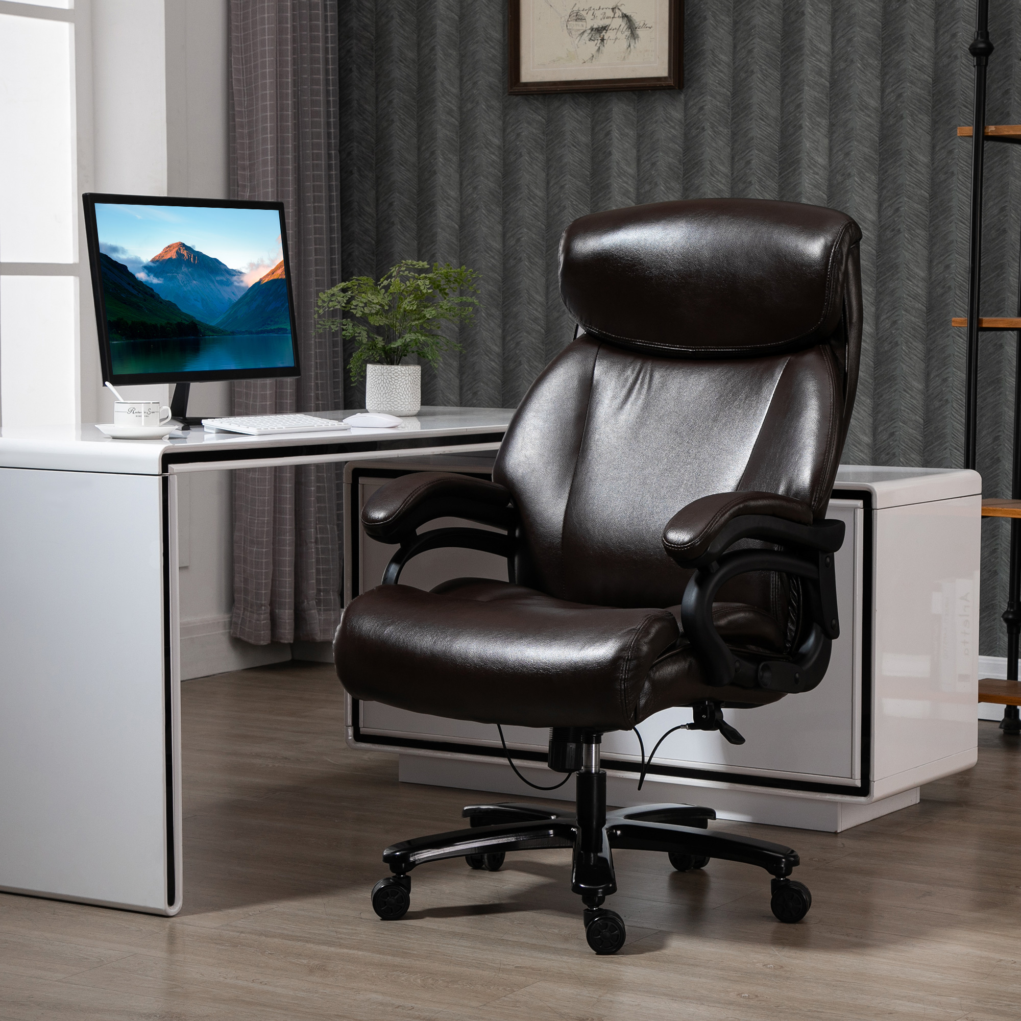 Bürostuhl Chefsessel Gaming Stuhl Drehstuhl Wippfunktion Dicke Polsterung 180 kg Belastbarkeit ergonomisches Design höhenverstellbar Kunstleder Braun 72x83x114-122 cm