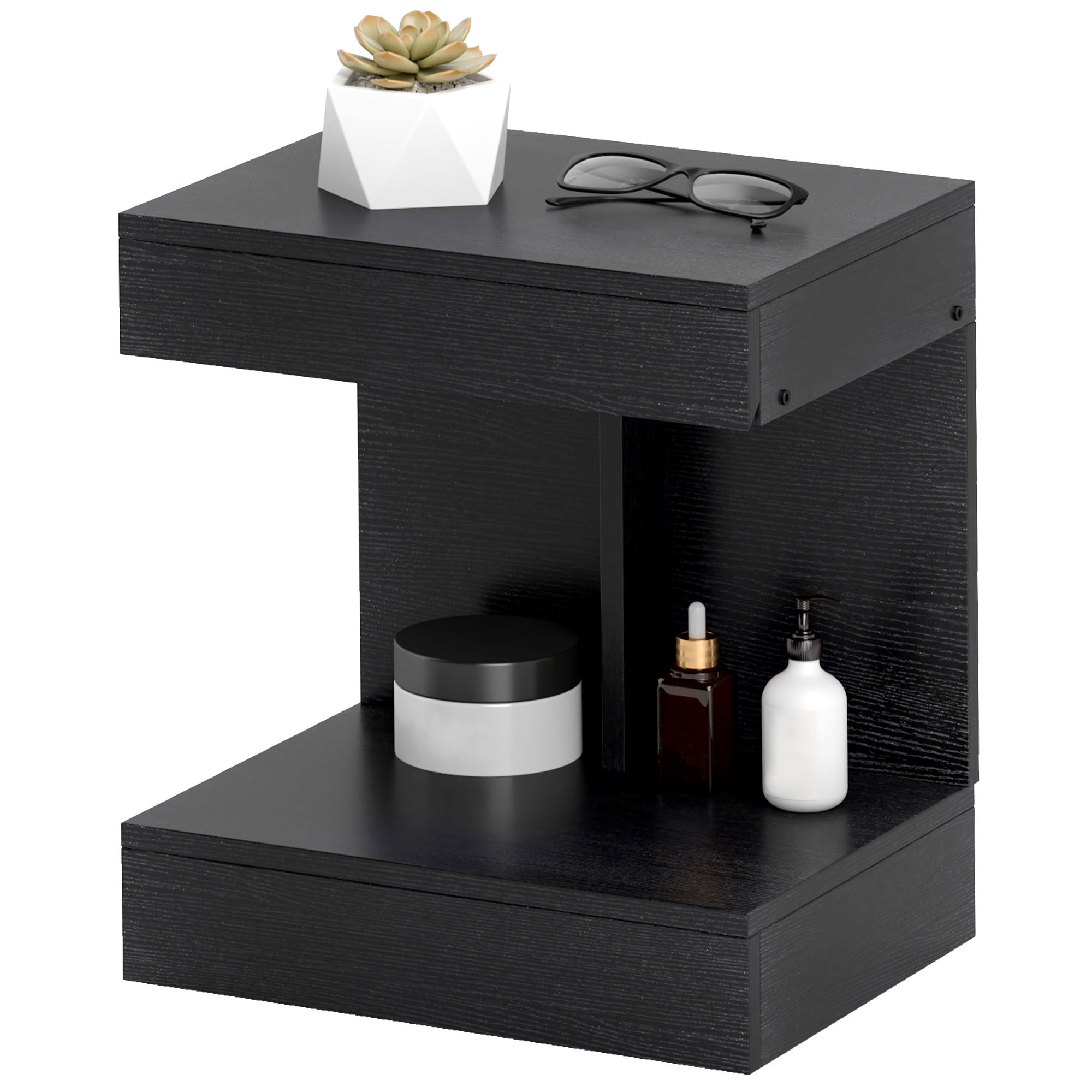 Nachttisch, Beistelltisch mit Schublade und Ablagefach, Moderner Sofatisch mit Regal für verschiedene Räume, Schwarz