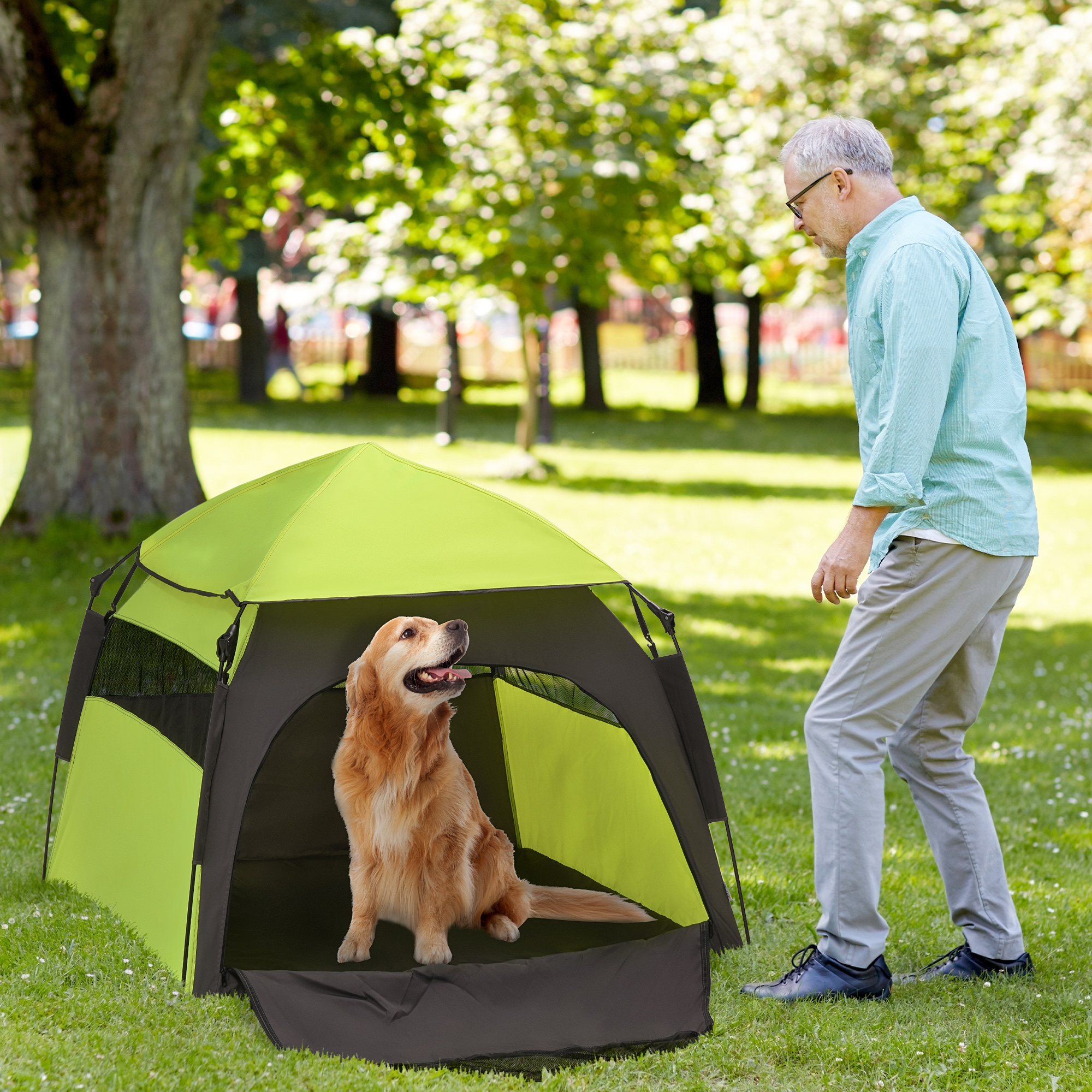 Haustierzelt Hundezelt Outdoor Tierzelt, 110 cm x 110 cm x 85 cm, Bodenspieße +  Transporttasche, Grün + Schwarz
