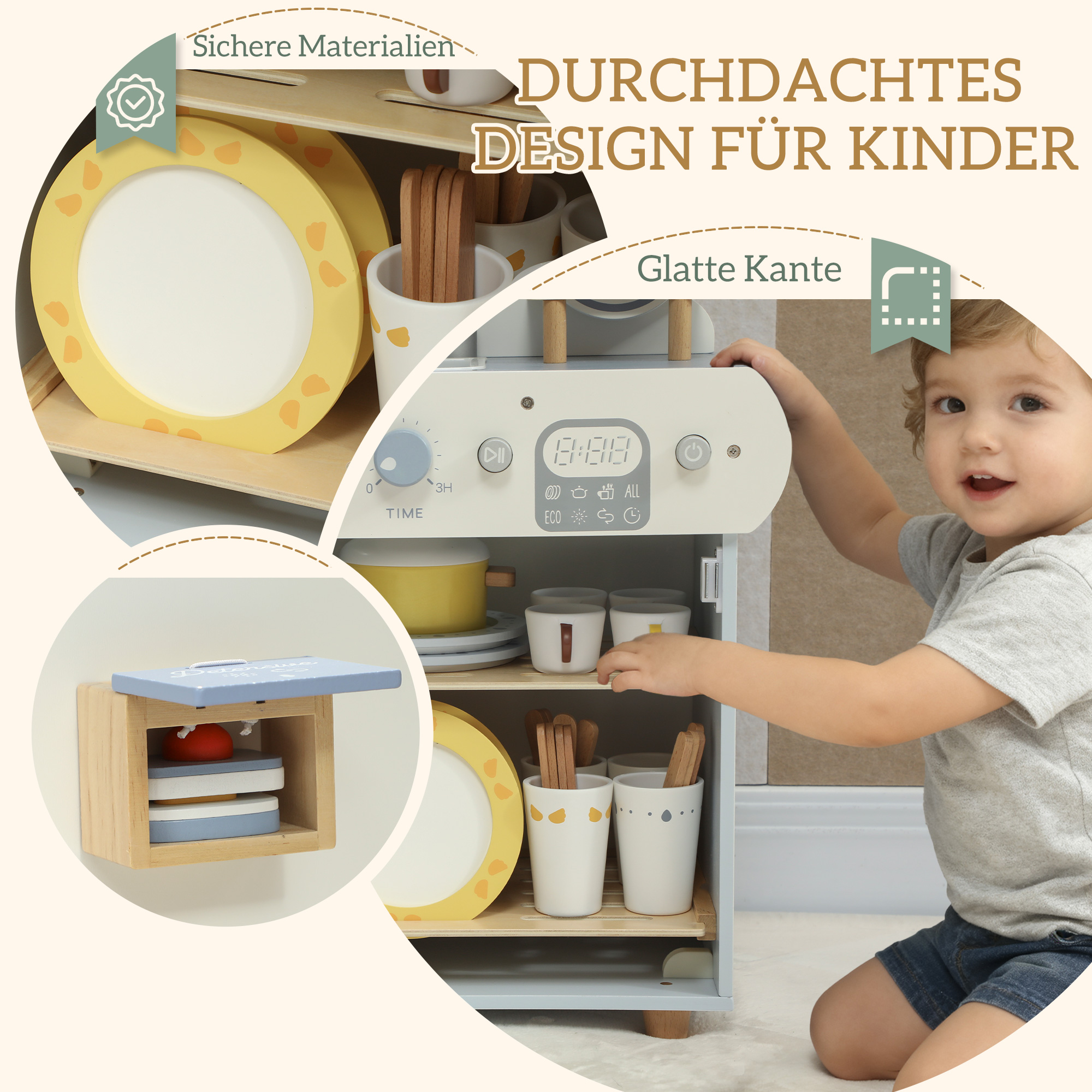 Spülküchen-Set, Holzgeschirrspüler für Kinder, 32 Zubehör-Teile, MDF, für Kinder ab 3 Jahren, Hellblau