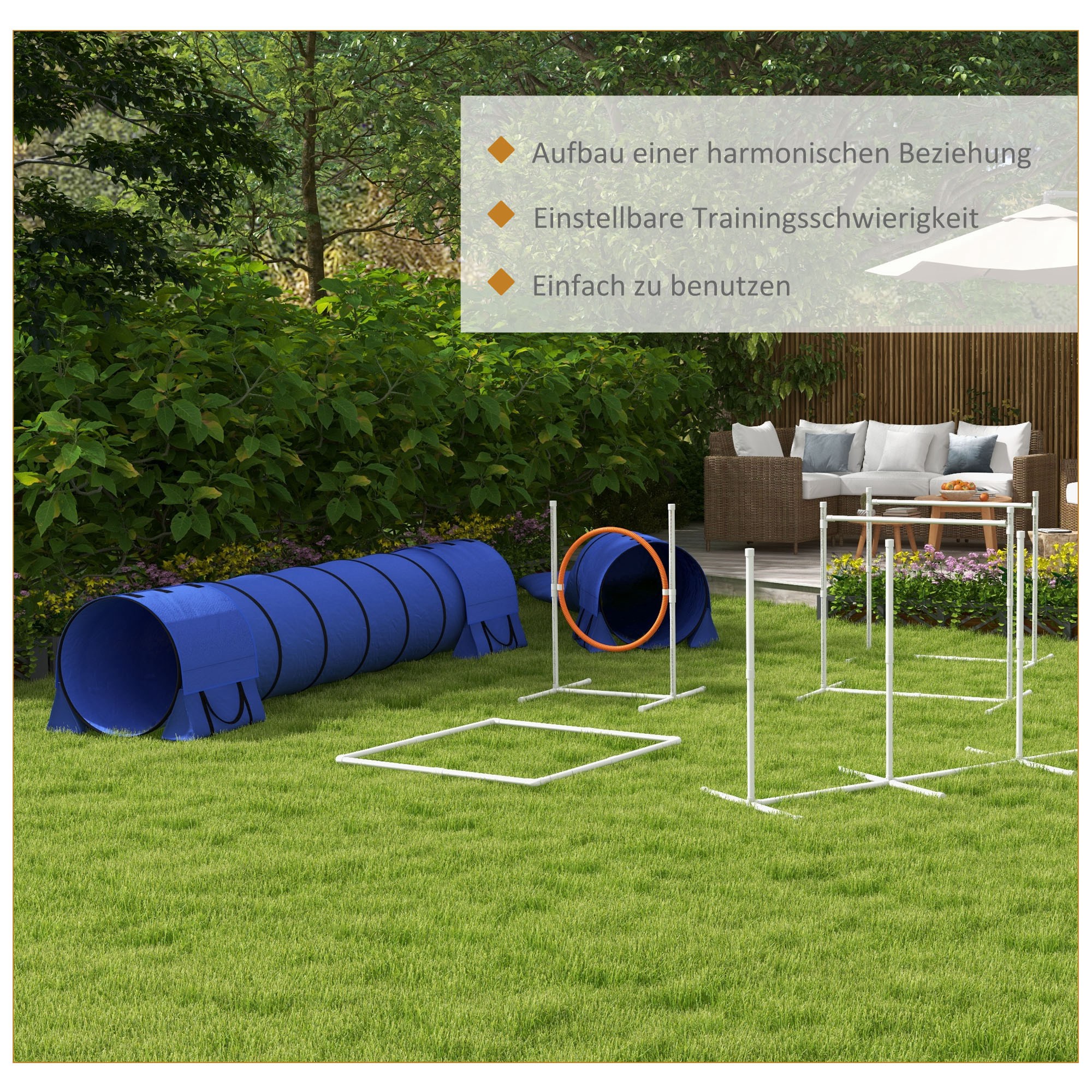 Hunde-Agiliy-Set Hundeparcours, 1 Reifen,  2 Tunnel 2 Hürden, 321 cm x 63c m x 93 cm, Blau + Rot+ Weiß