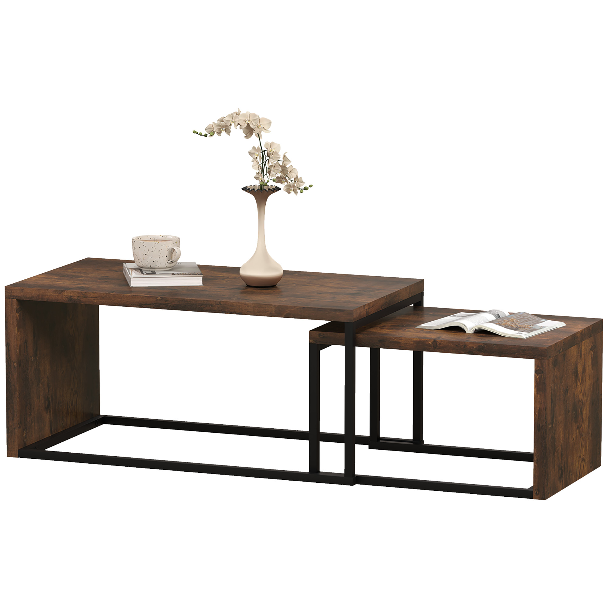 2er-Set Couchtisch, Sofatisch, Beistelltisch, MDF, Metall, 90 x 48 x 42 cm/59 x 42 x 36 cm, Schwarz+Braun