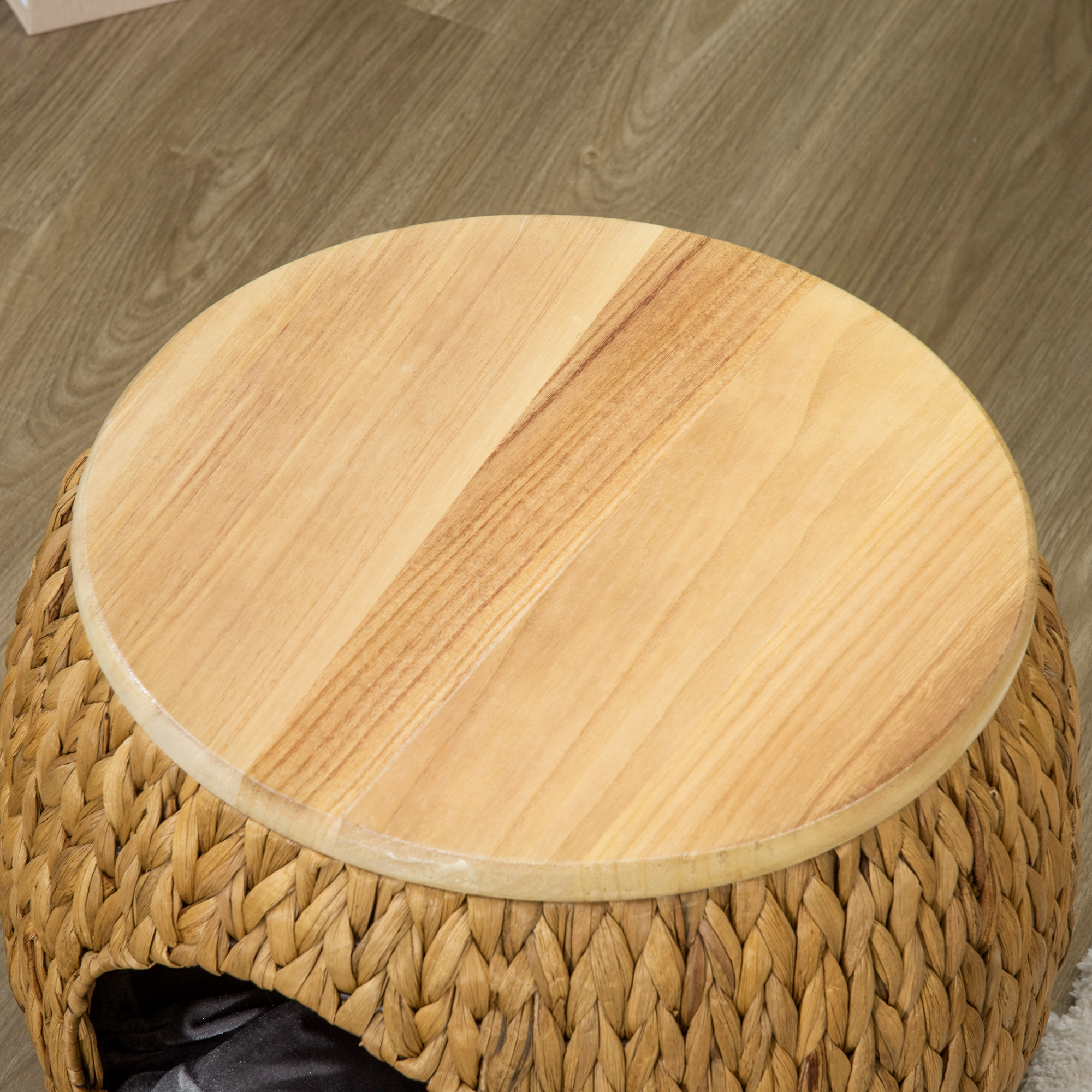 Katzenhöhle aus Wasserhyazinthengras, waschbares Kissen,  44 cm x 43 cm x 42 cm  Hellbraun+Naturholz+Grau