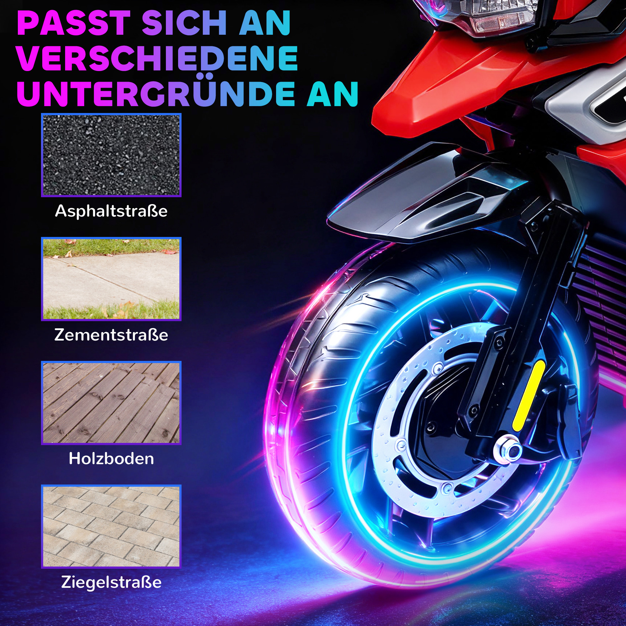 Elektro-Motorrad für Kinder von 18-36 Monaten, Aufsitz-Fahrzeug, Hilfsräder, Lichter, Musik, Kunststoff, Stahl, Rot