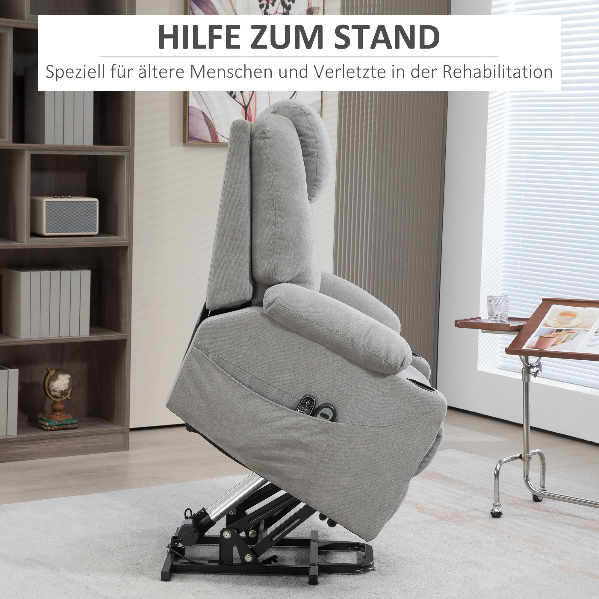 Massagesessel Aufstehhilfe Seniorensessel, 8 Vibrationspunkte, 2 Seitentaschen, Getränkehalter, 90 x 101 x 107 cm, Grau