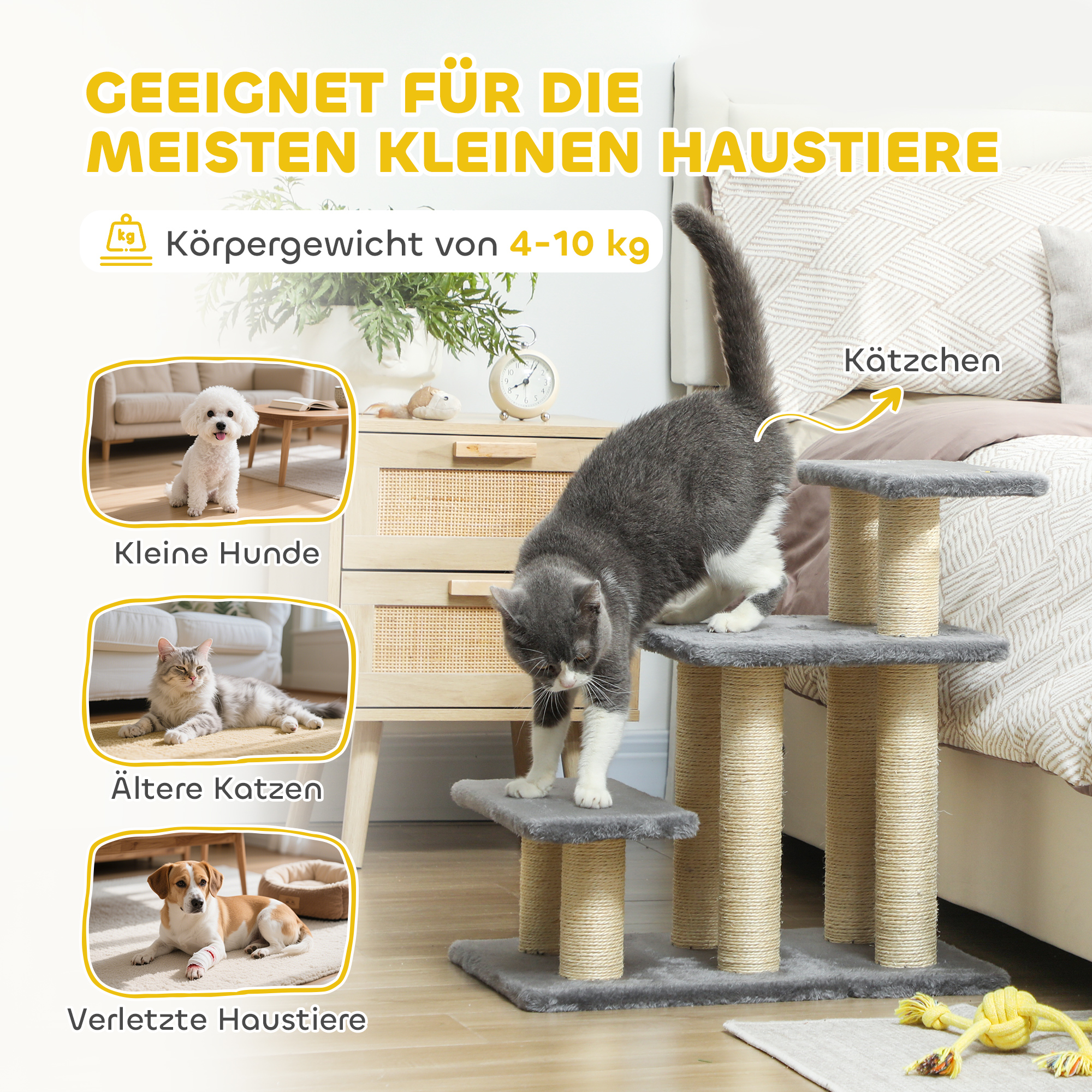 Hundetreppe 3 Stufen 54 cm Hoch Haustiertreppe für Kleine Hunde Katzentreppe mit Sisal Kratzbäumen, Spielball