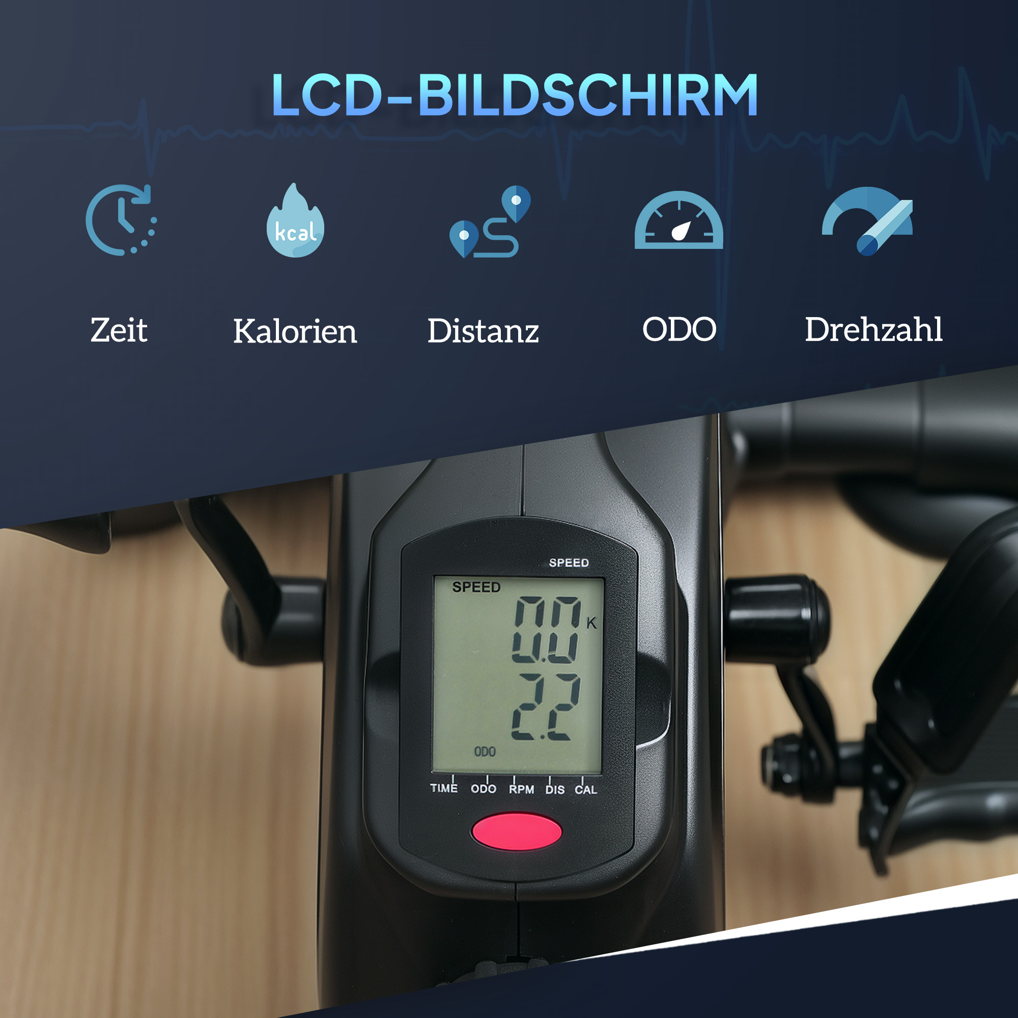 Mini-Trainingsrad, Fußpedaltrainer, Trainingsgerät mit 8 Widerstandsstufen, LCD-Display, Metall, Kunststoff, Schwarz