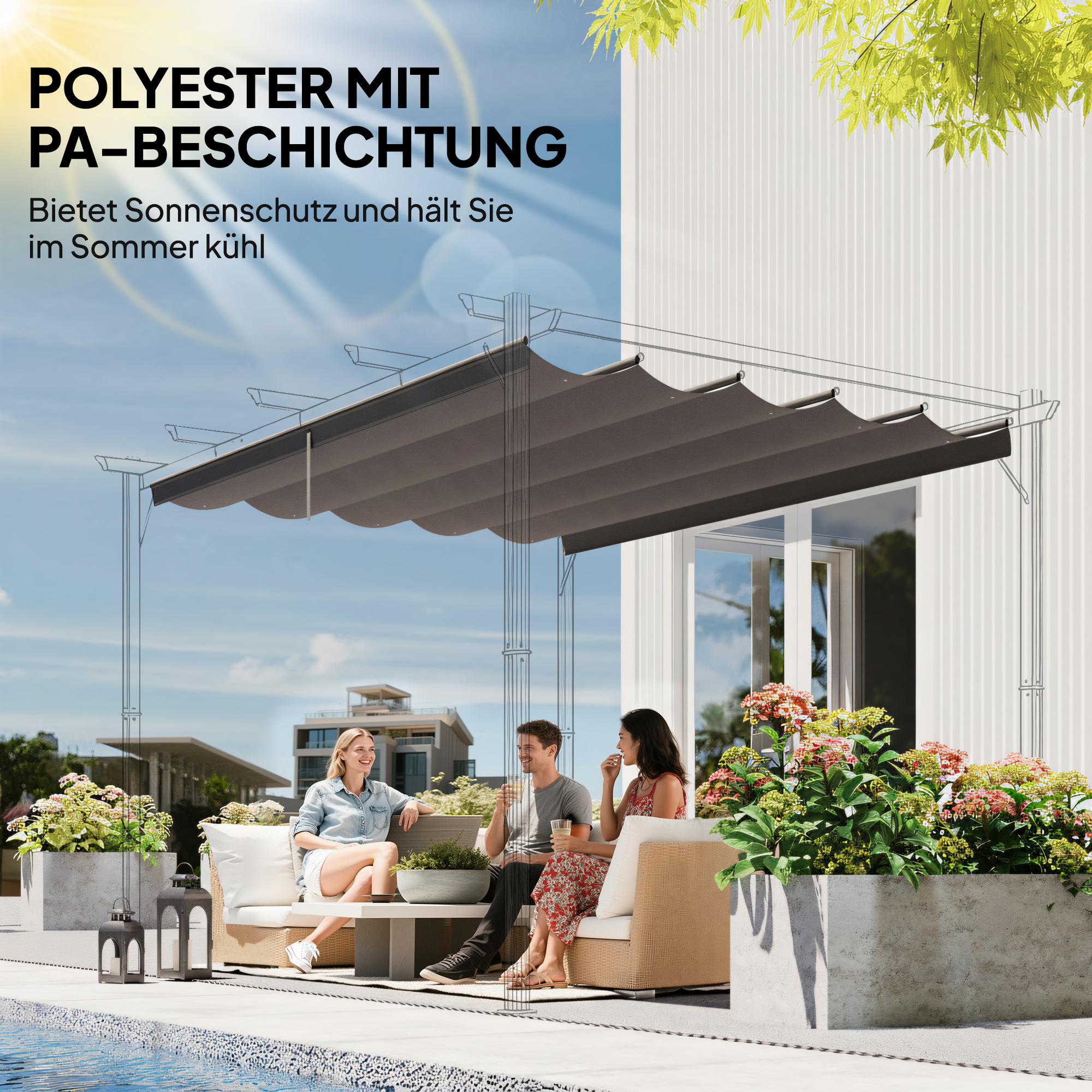 Ersatzdach für 4 x 3 m Pergola, einziehbar, mit Regenabflusslöchern, wetterfest, Polyester, Hellgrau
